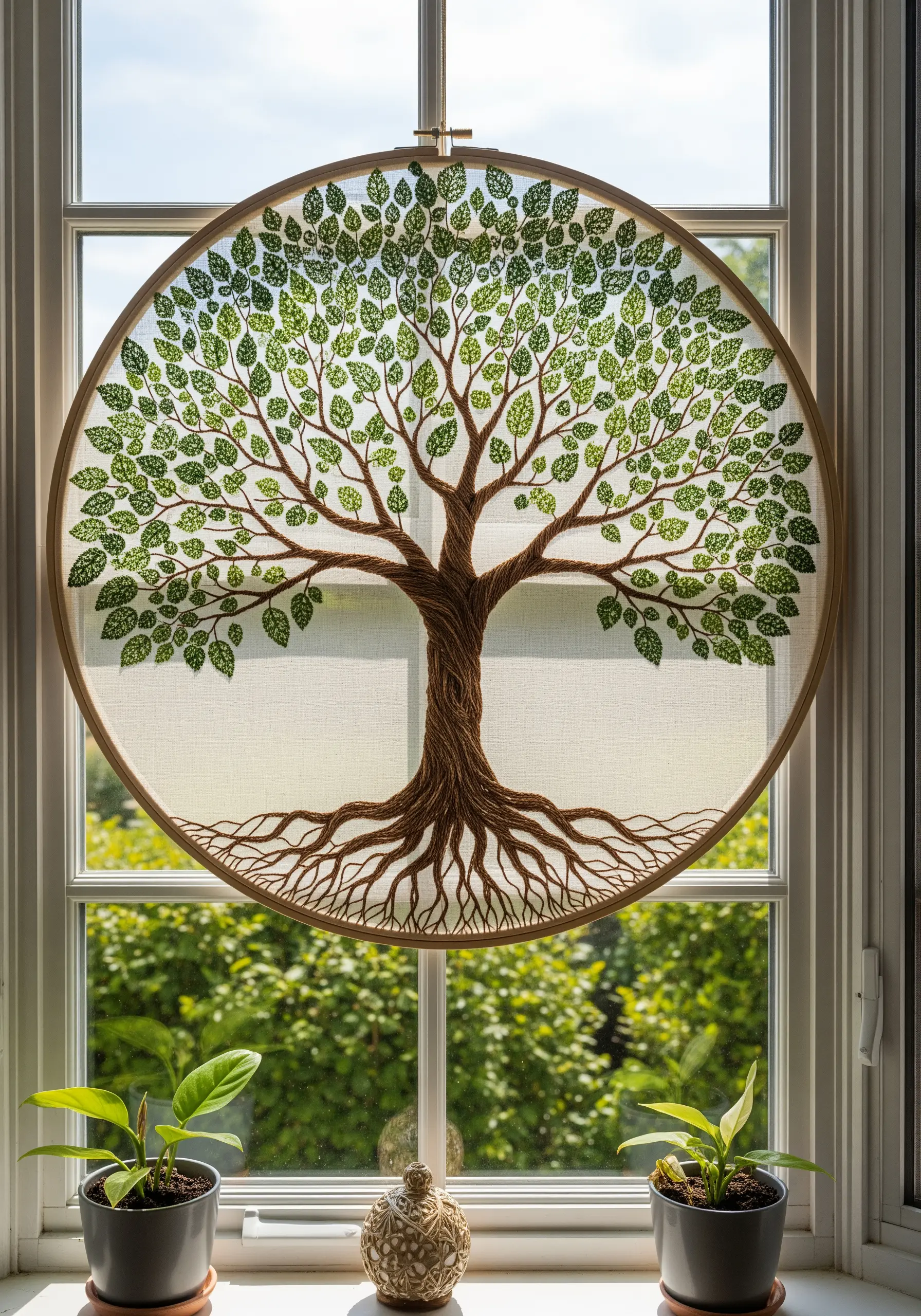 A large, detailed embroidery of a Tree of Life on sheer fabric, hung in a window.