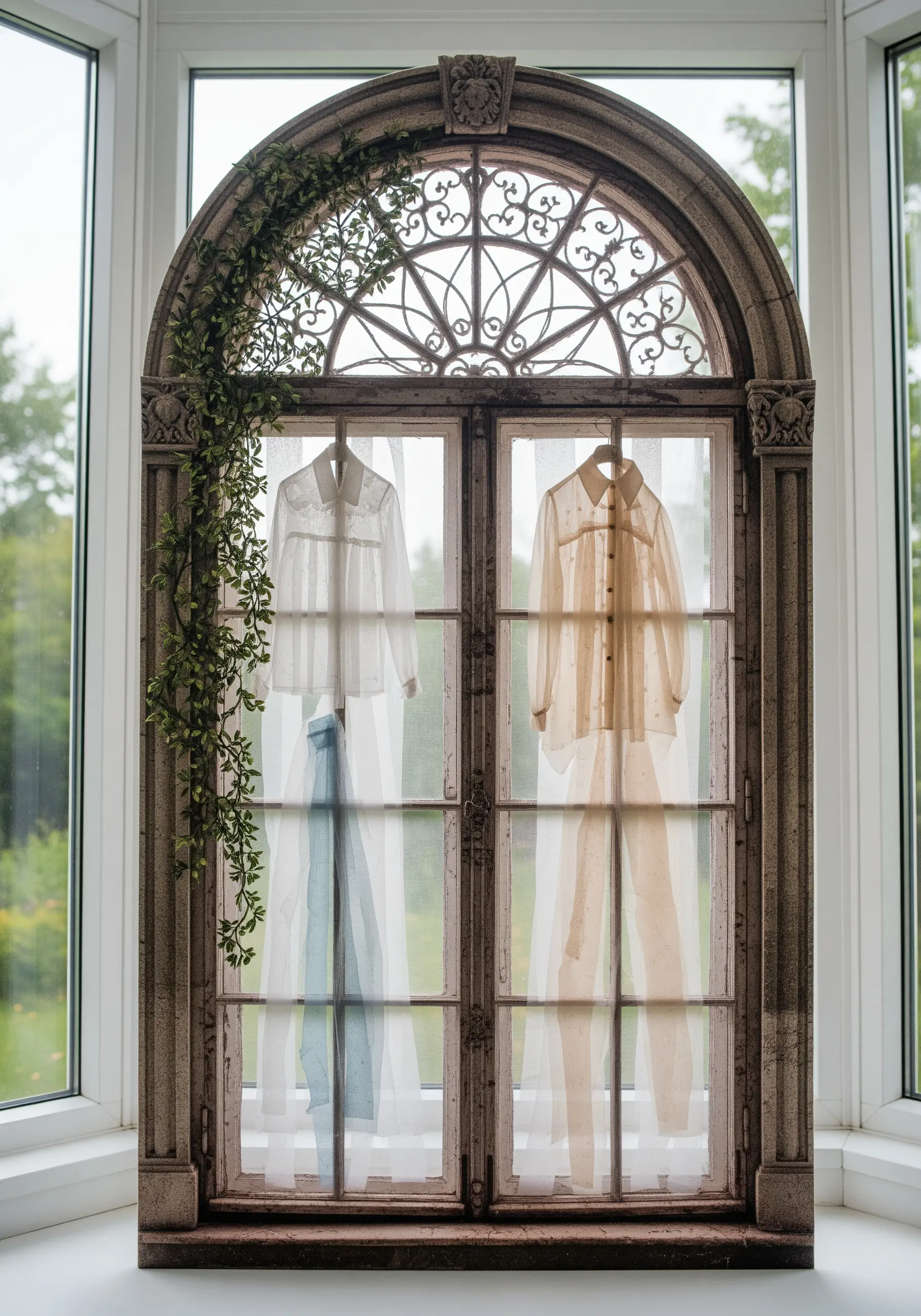 Sheer clothing hanging behind an ornate window frame, creating a trompe l'oeil effect.
