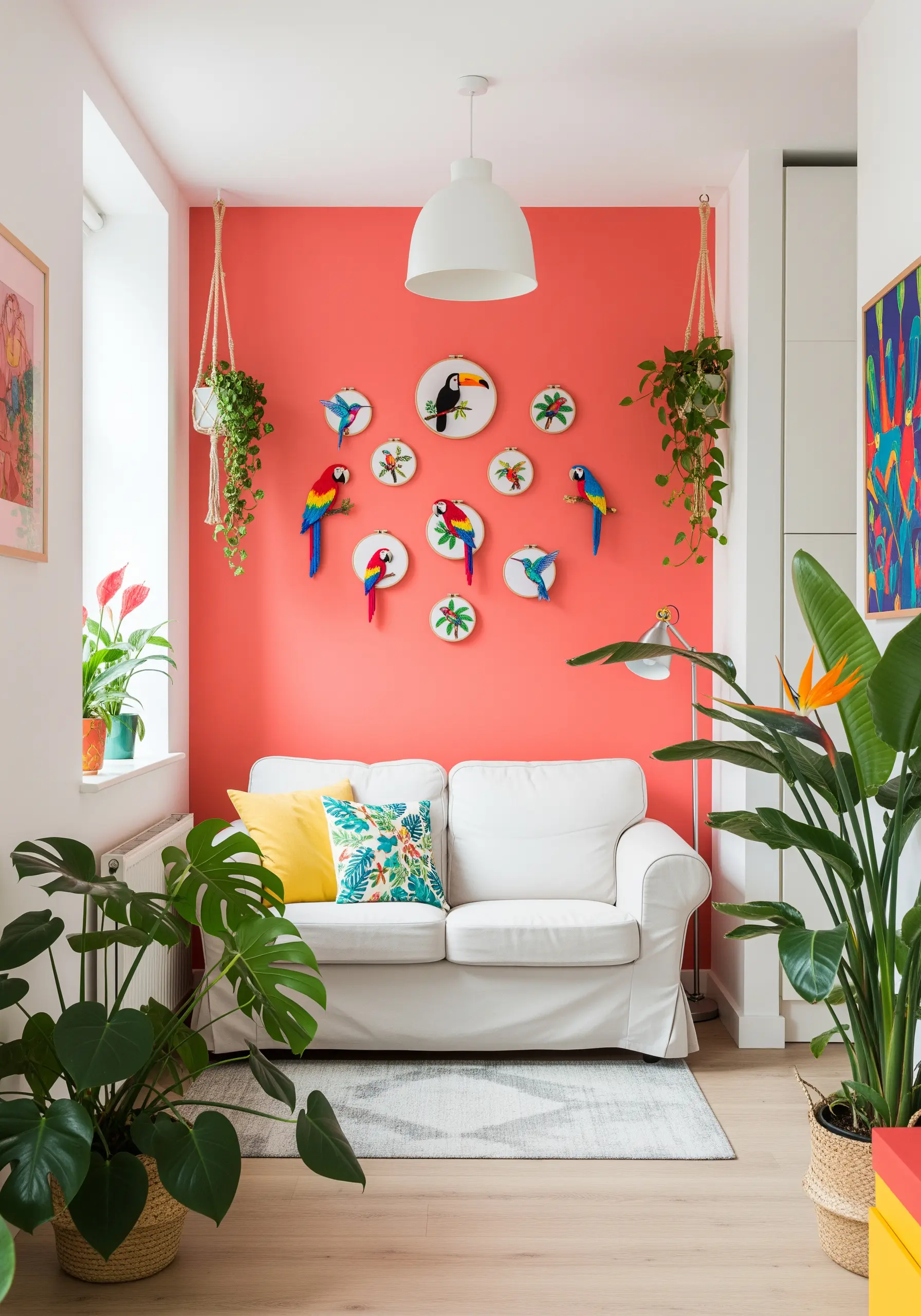 A collection of embroidery hoops featuring toucans, parrots, and hummingbirds against a coral wall.