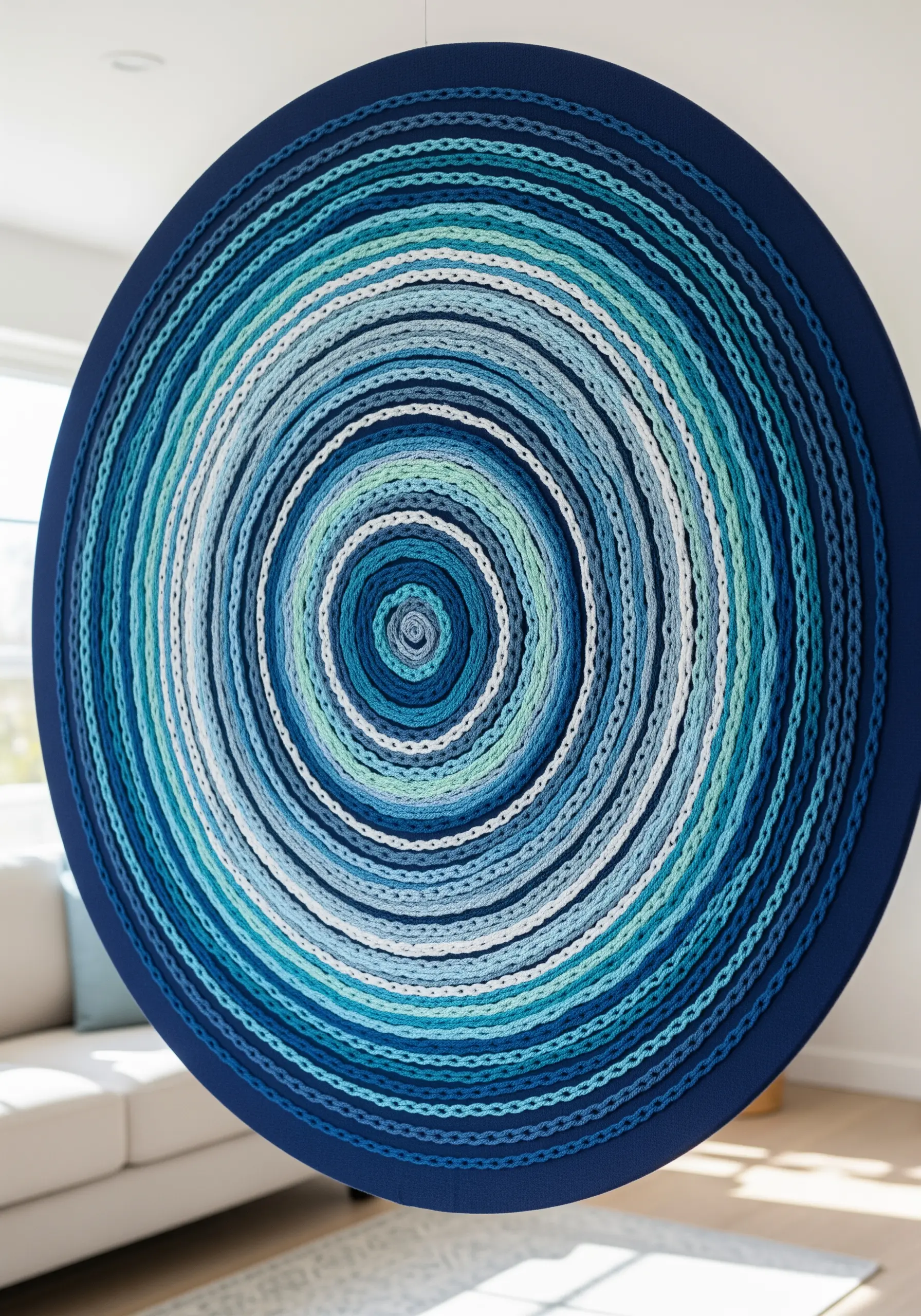Large circular embroidery with concentric rings of chain stitch in shades of blue.