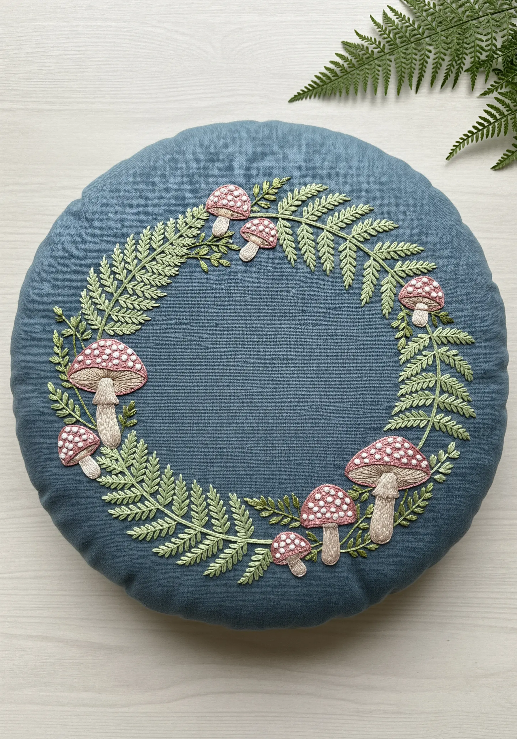 A round blue pillow with an embroidered wreath of ferns and toadstool mushrooms.