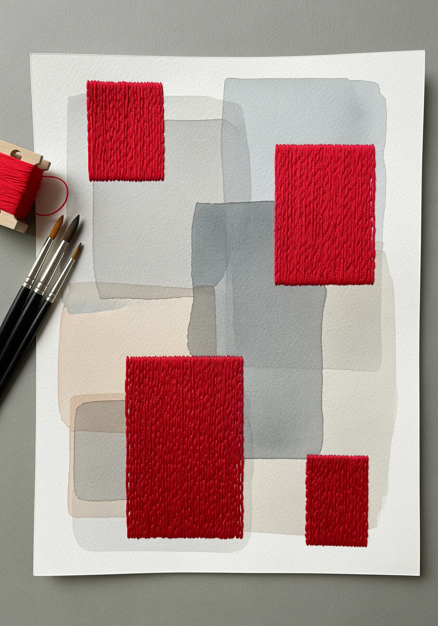 An abstract watercolor painting with four solid red, woven-texture embroidered patches attached.