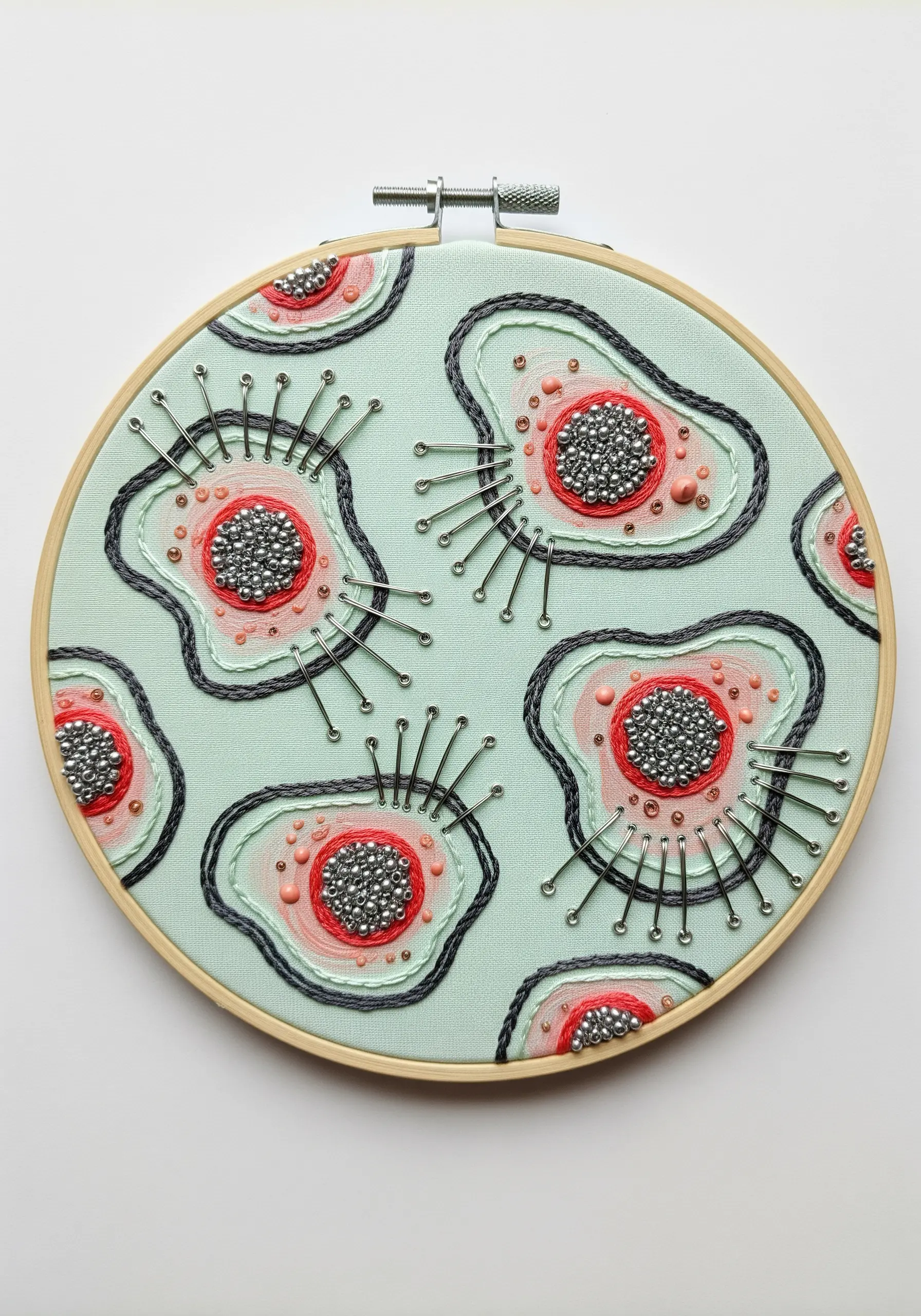 Abstract biological cell patterns embroidered with beads and radiating dressmaker's pins.