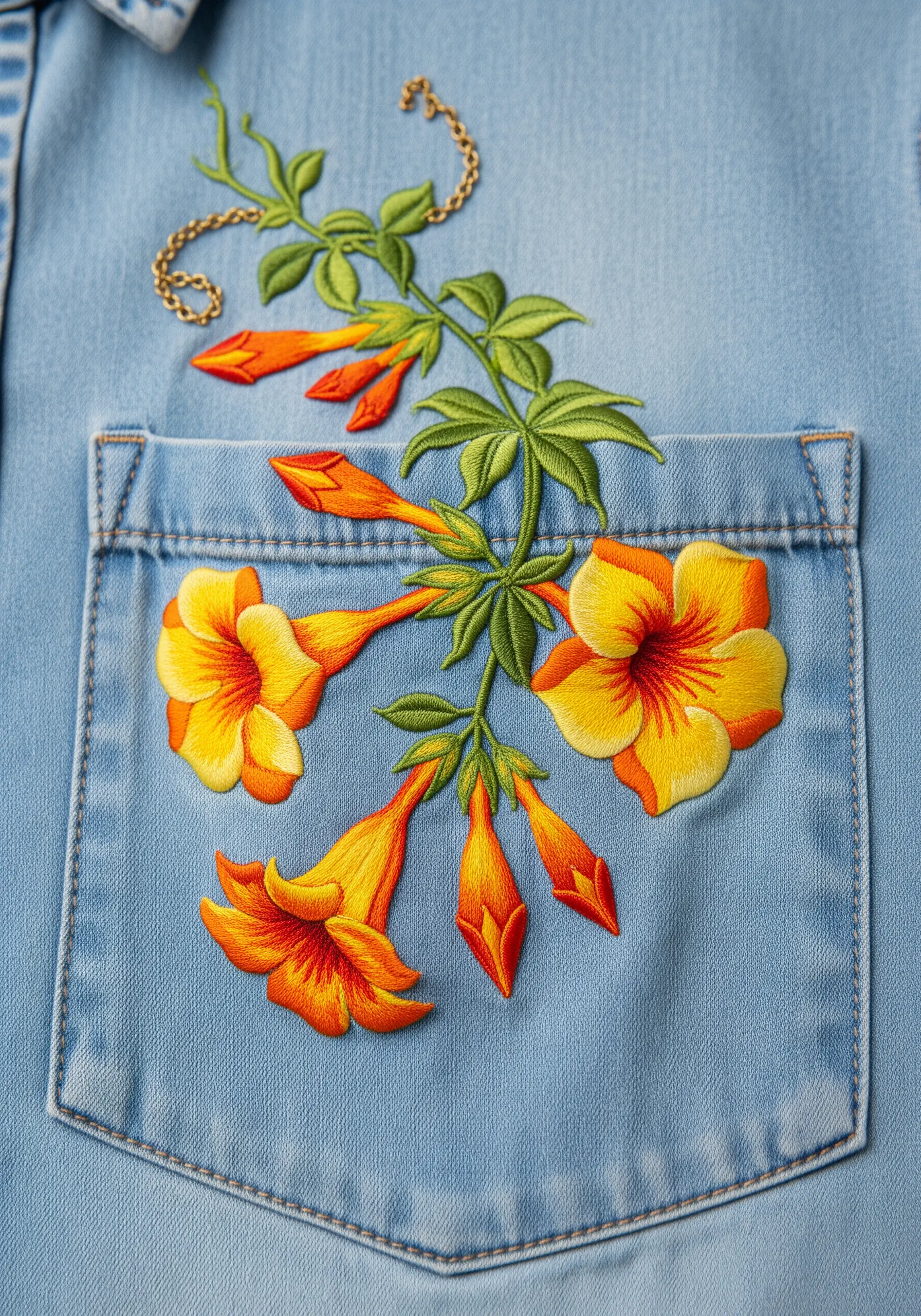 An orange trumpet vine embroidered to look like it's growing out of a denim shirt pocket.