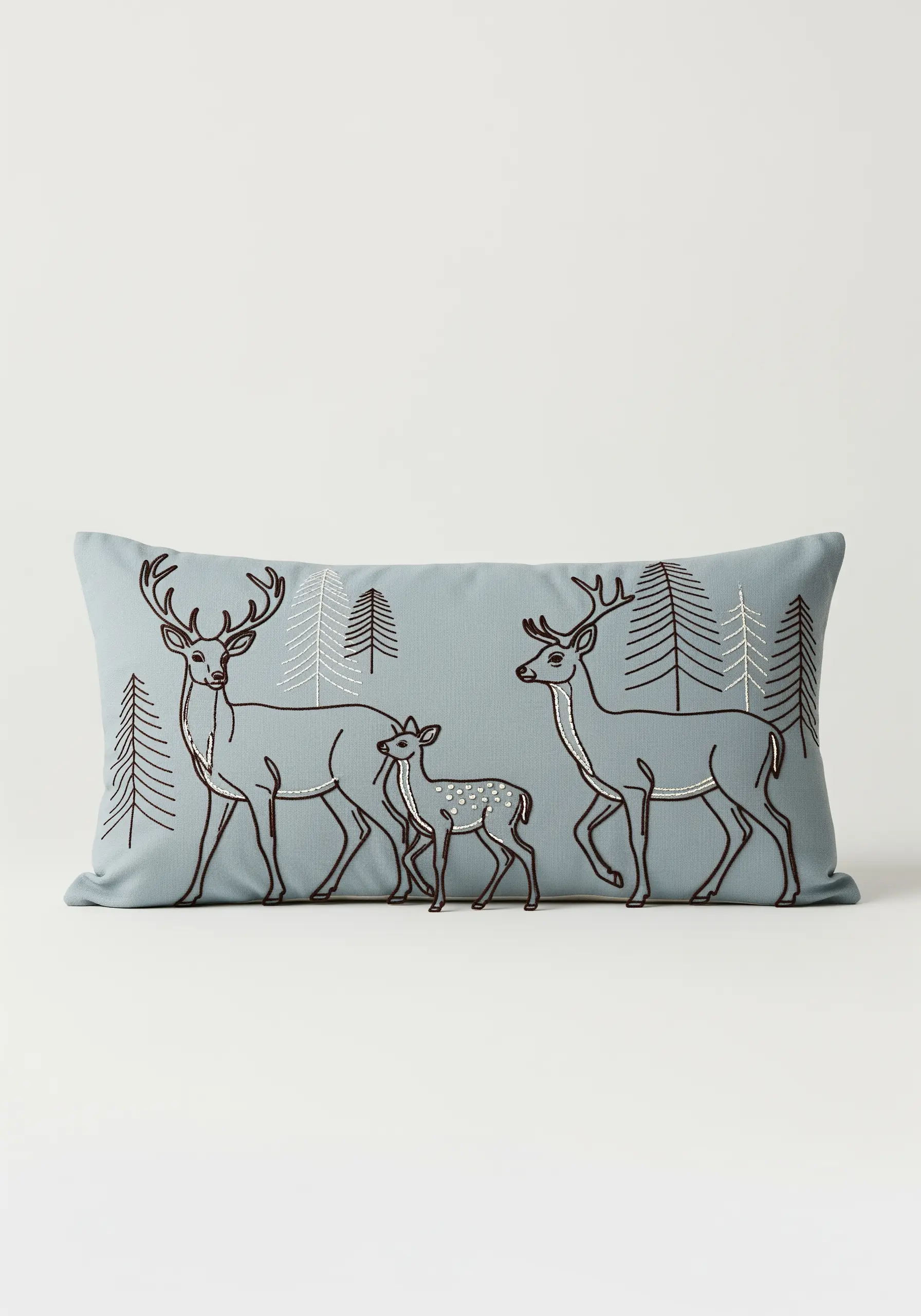 Minimalist line art embroidery of a deer family in a forest on a blue lumbar pillow.