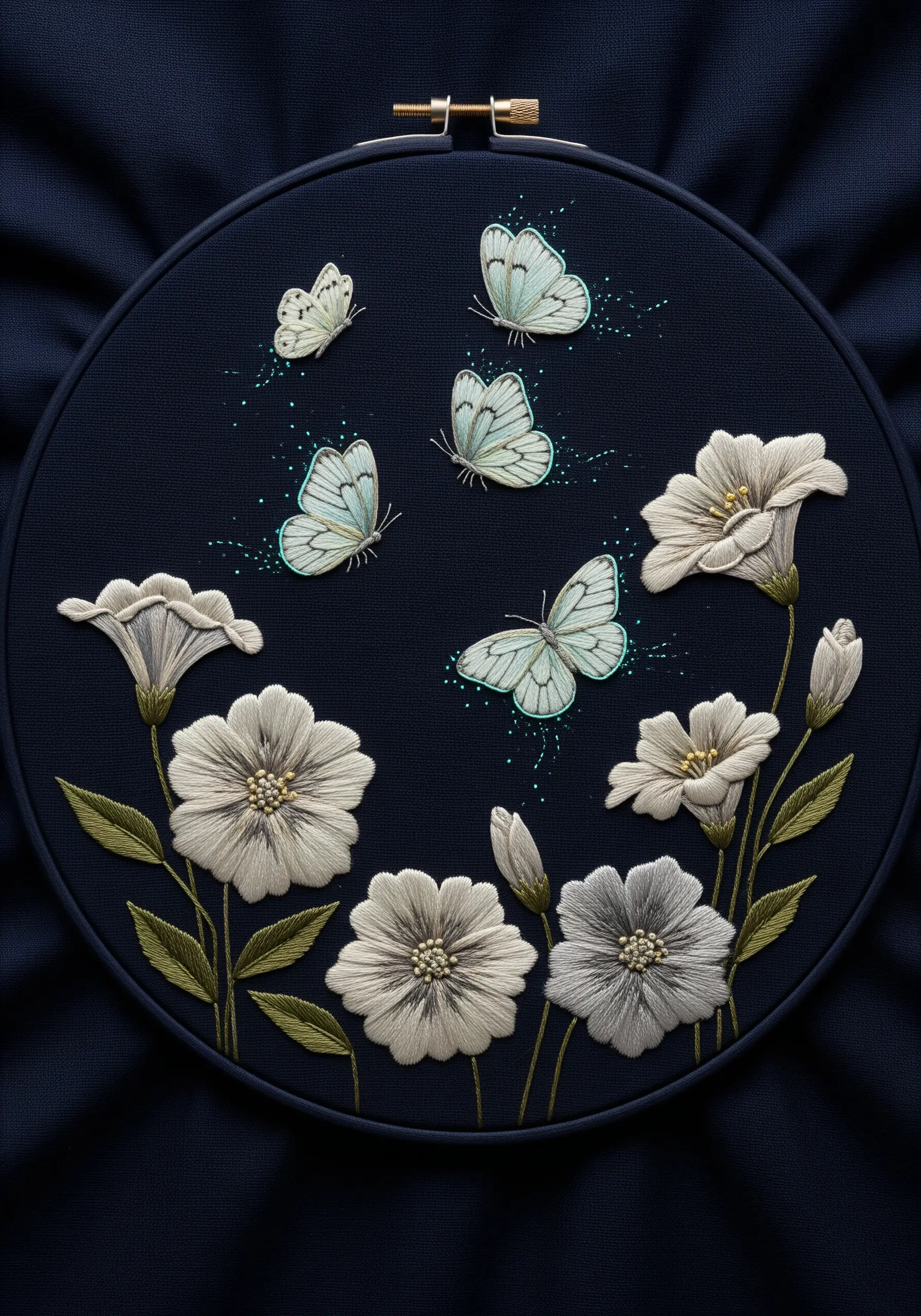 Ethereal white butterflies and flowers with glowing accents, embroidered on dark navy fabric.