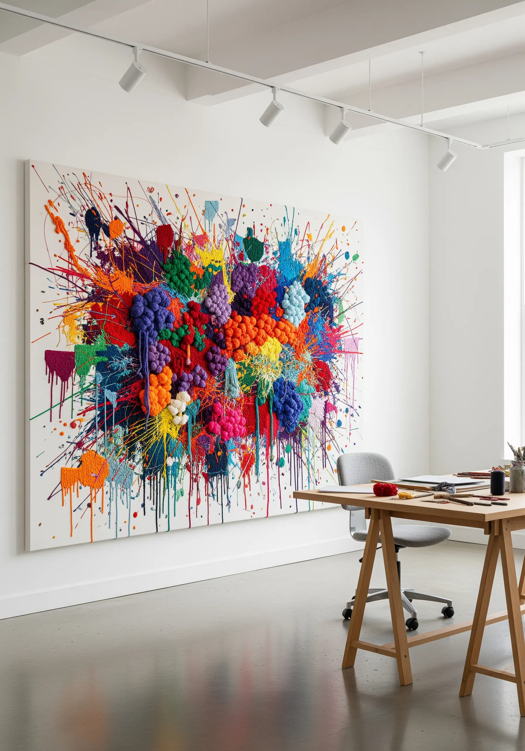 A large, abstract embroidery with a central cluster of colorful 3D knots and thread splatters.