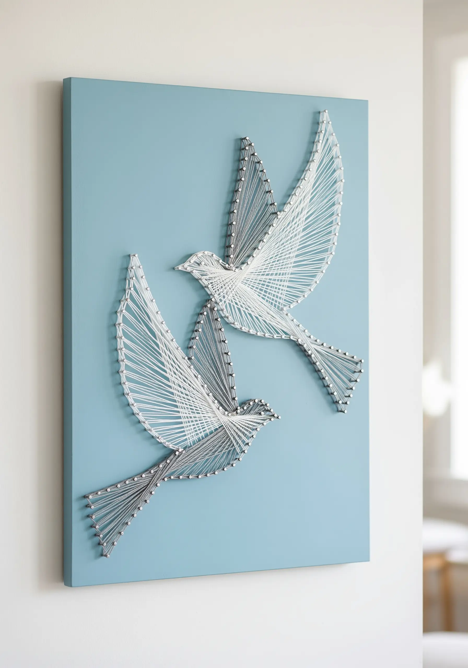 String art of two white and silver doves in flight against a solid blue background