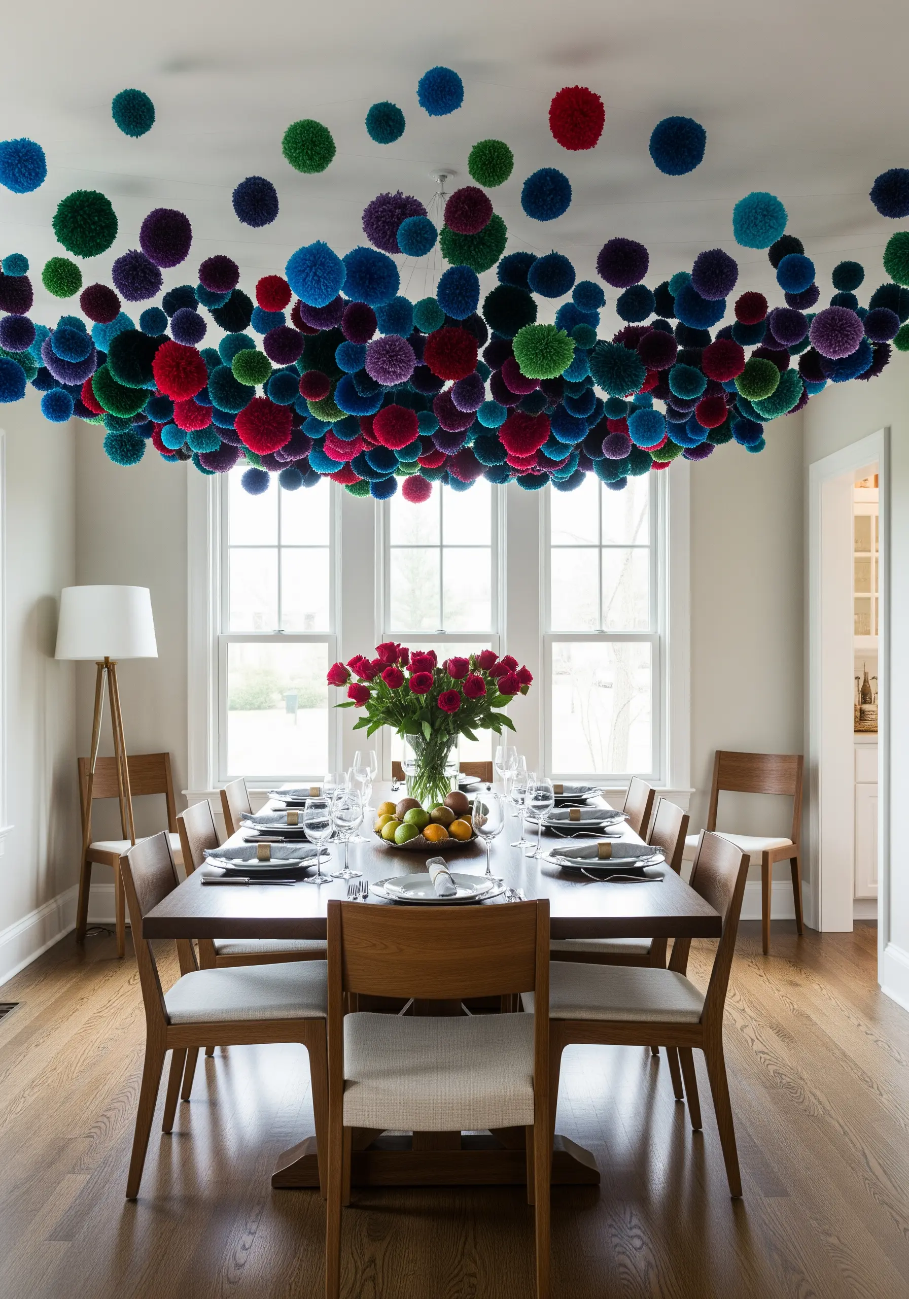 A dense installation of multi-colored yarn pompoms suspended from the ceiling over a dining table.