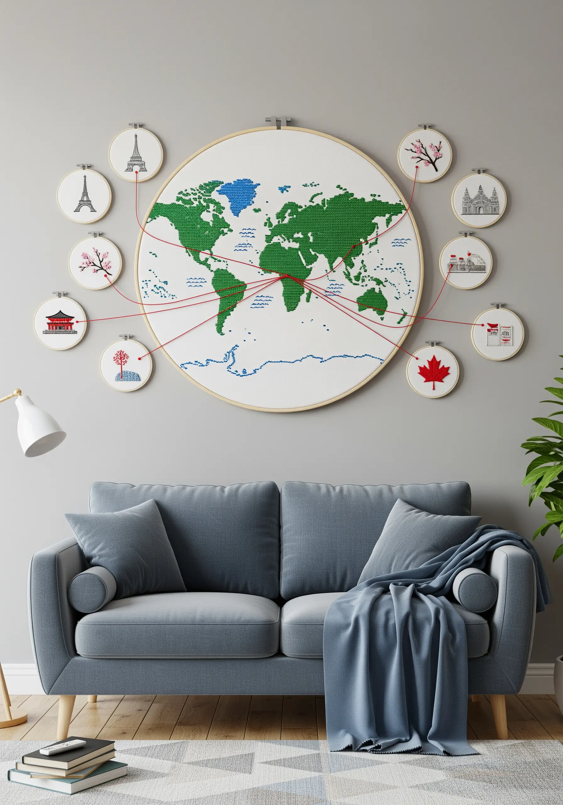 An embroidered world map connected by red threads to smaller hoops depicting global landmarks.