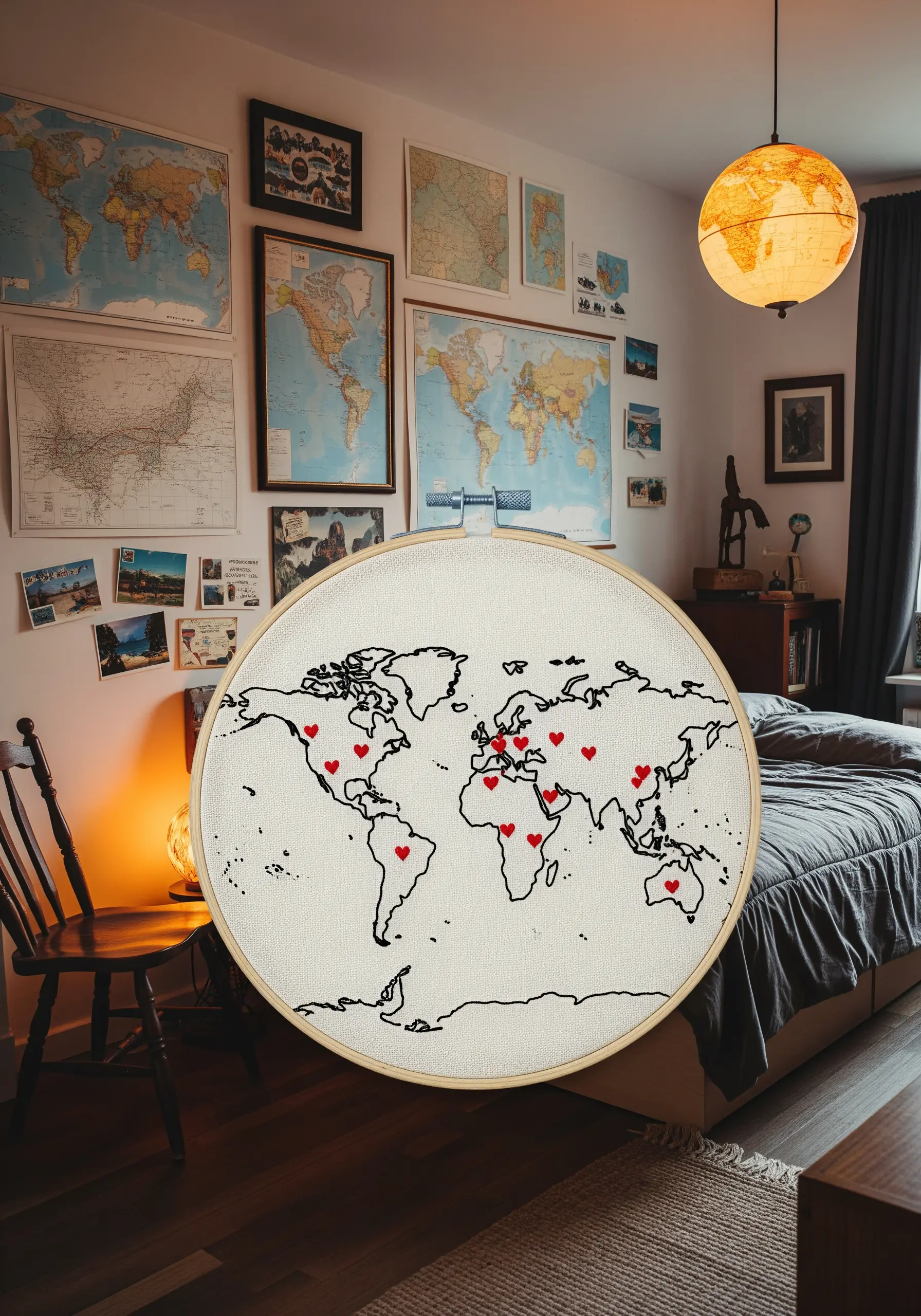 An embroidered world map in a hoop with small red hearts stitched over various countries.