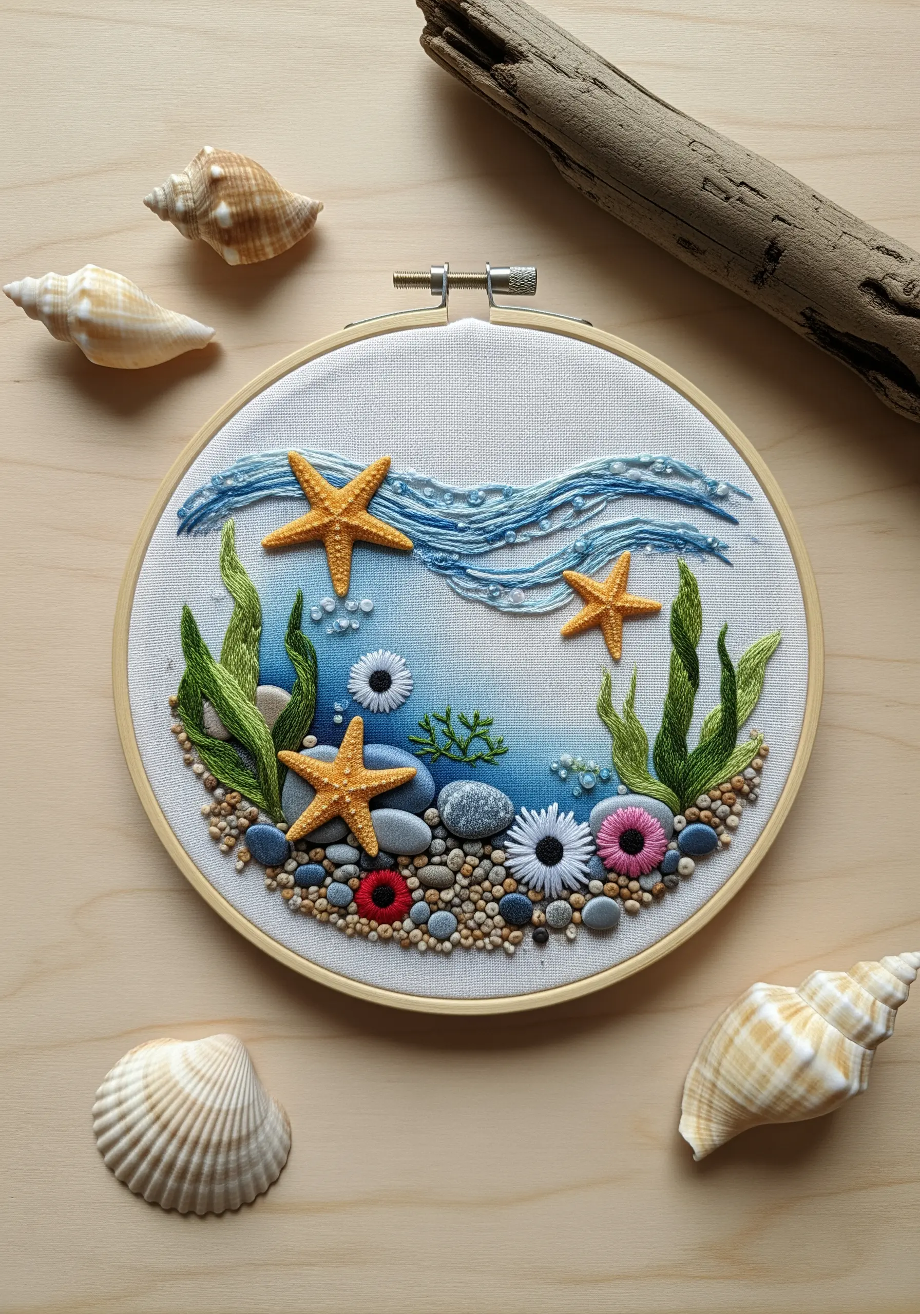 A mixed-media embroidery of an underwater scene with beads, pebbles, and starfish.