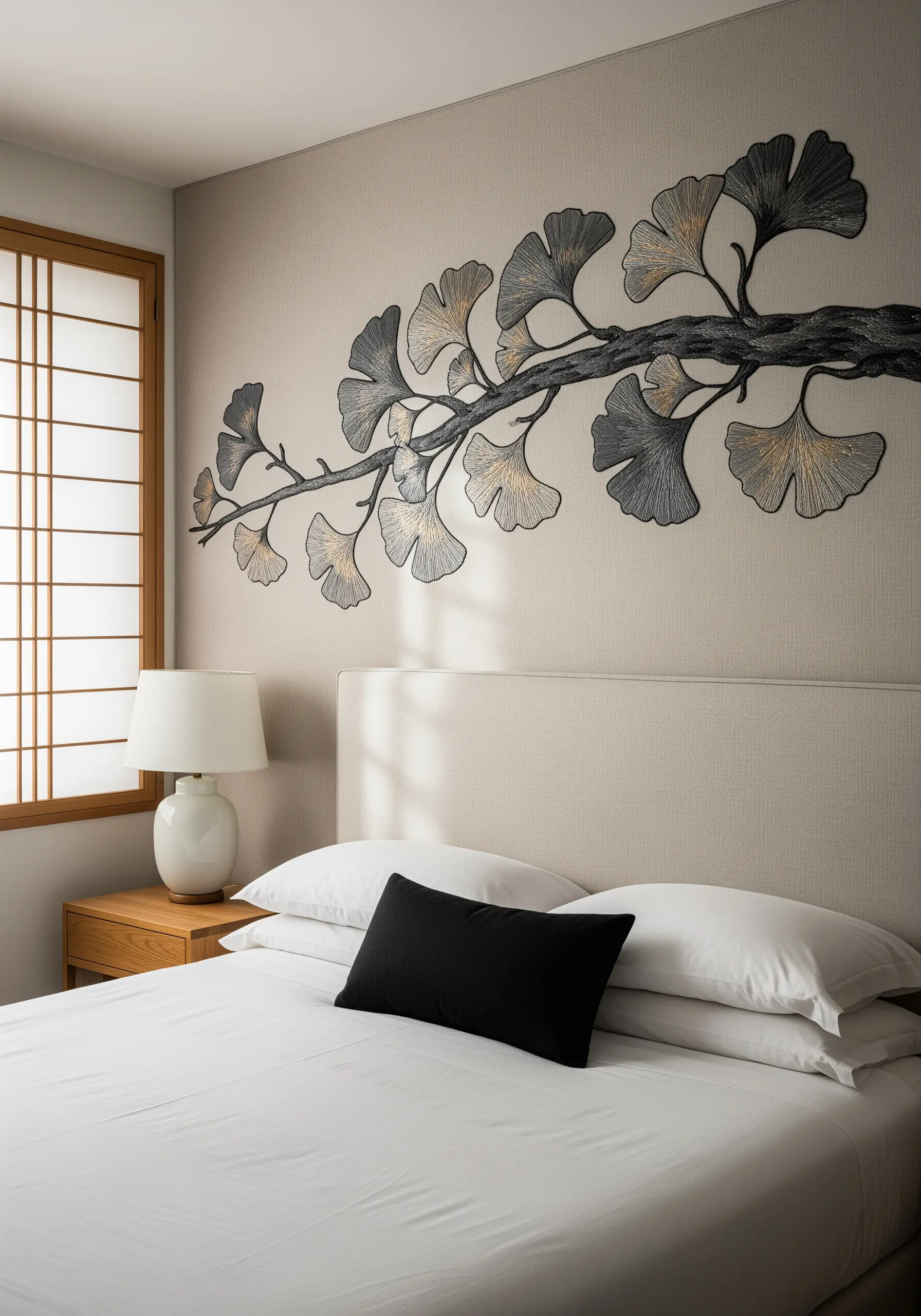 Large-scale ginkgo branch embroidered directly on a bedroom wall above a headboard.