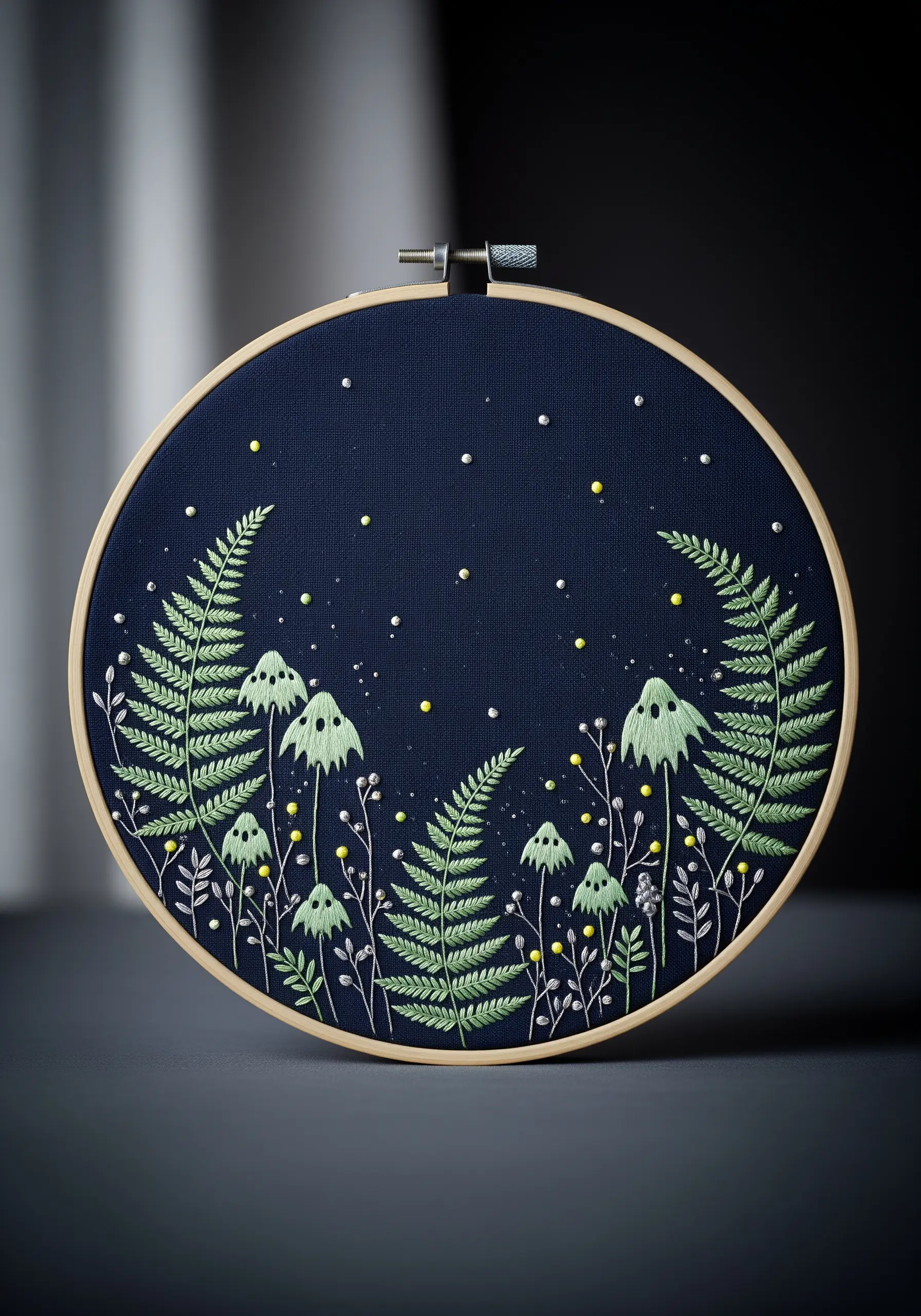 Whimsical embroidery of ferns and ghost-like flowers on dark navy fabric.