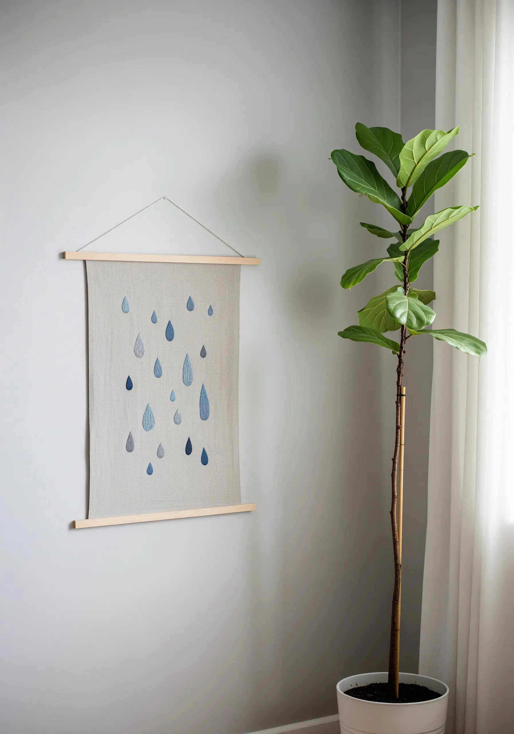 Embroidered wall hanging with scattered blue and grey raindrops on light grey linen.