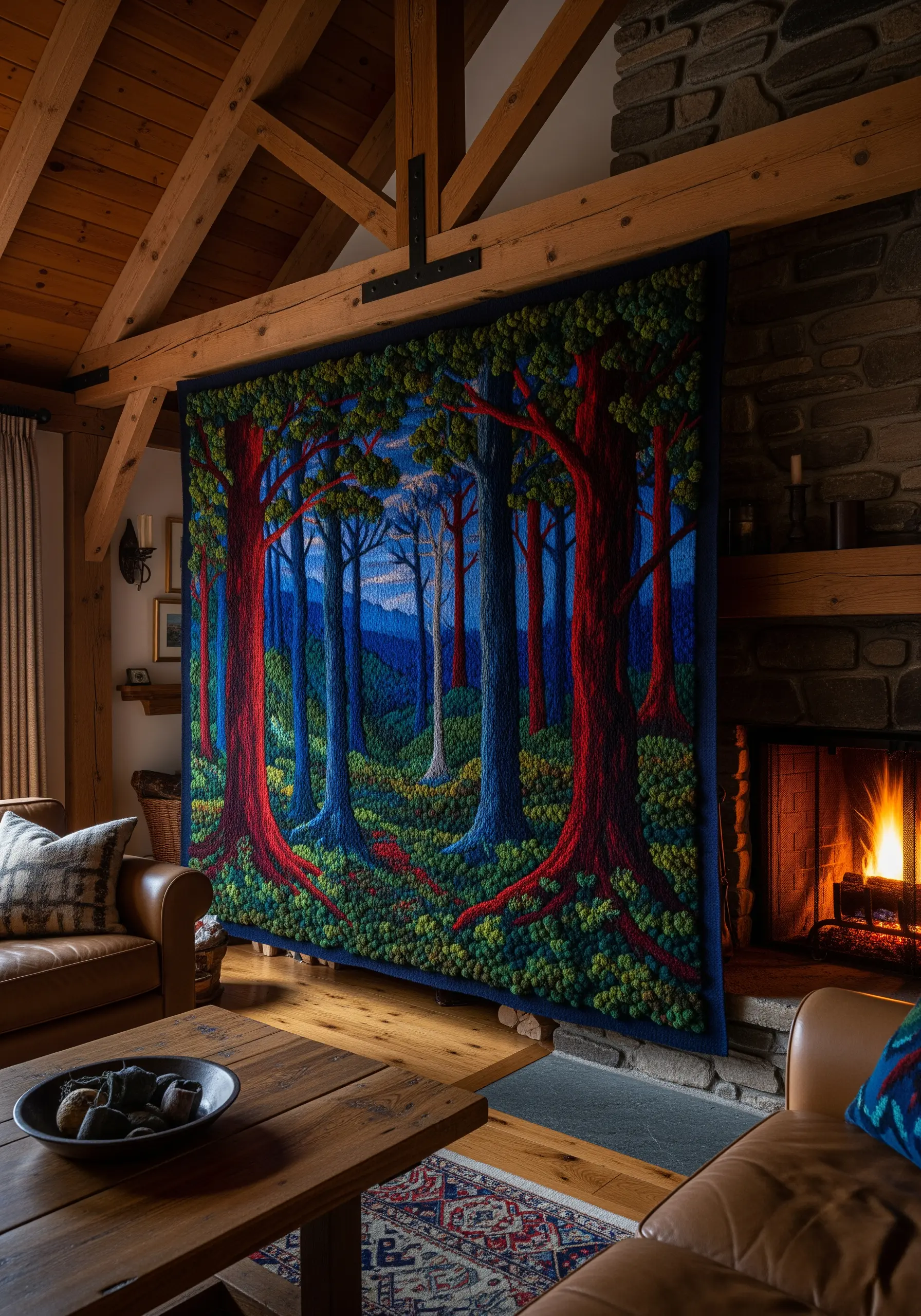 A tapestry of a dense forest with red and blue trees and a textured green forest floor.