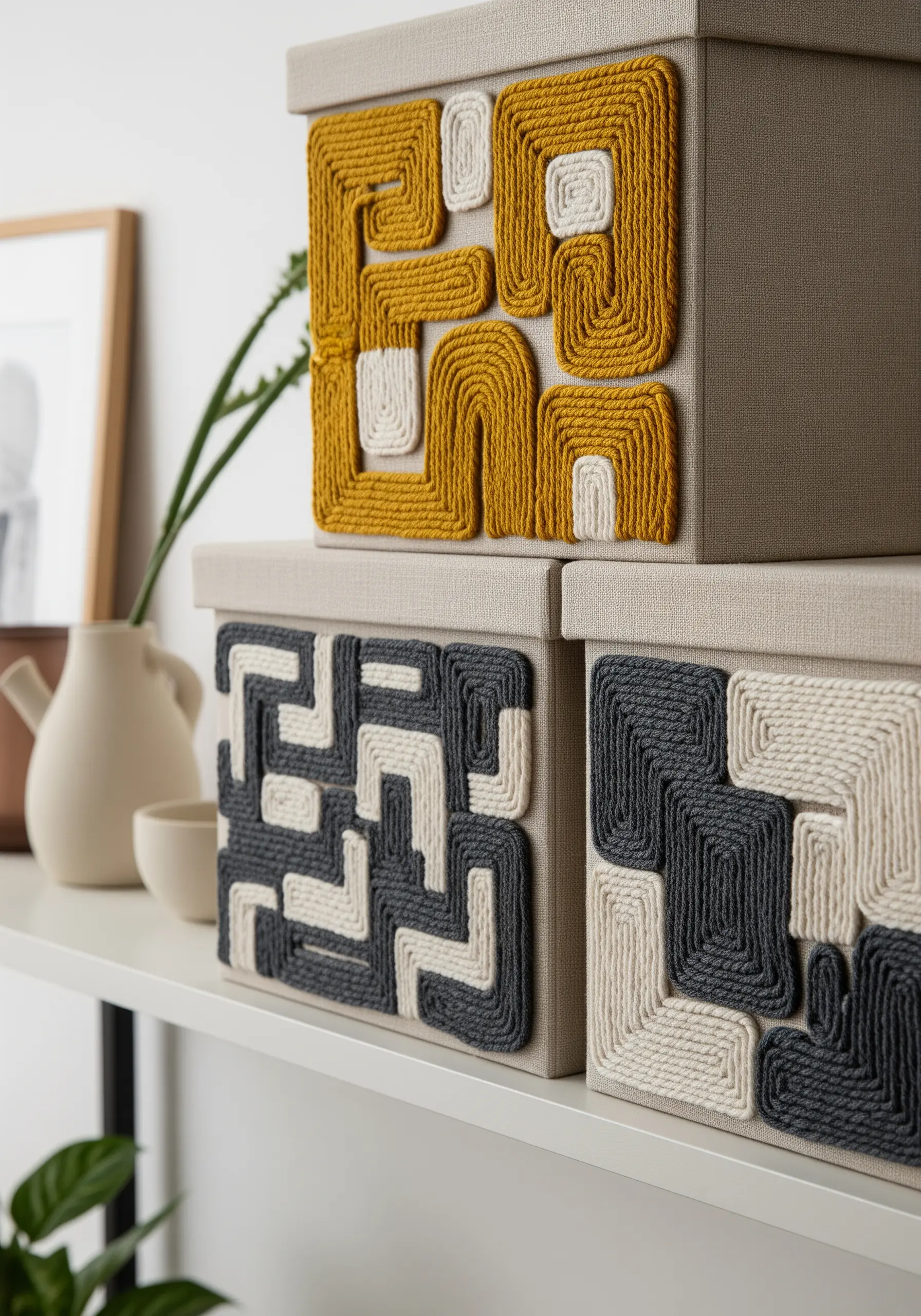 Fabric storage boxes embellished with bold, geometric patterns made from couched mustard and grey yarn.