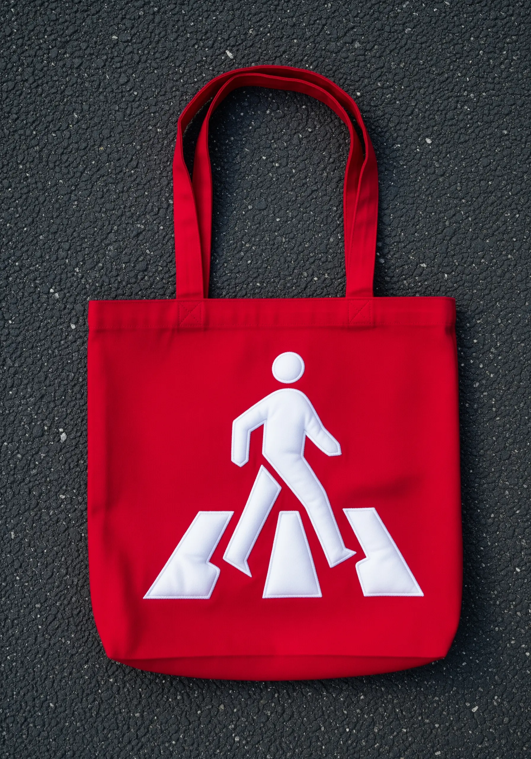 A bold white appliqué of a pedestrian crossing sign on a bright red tote bag.