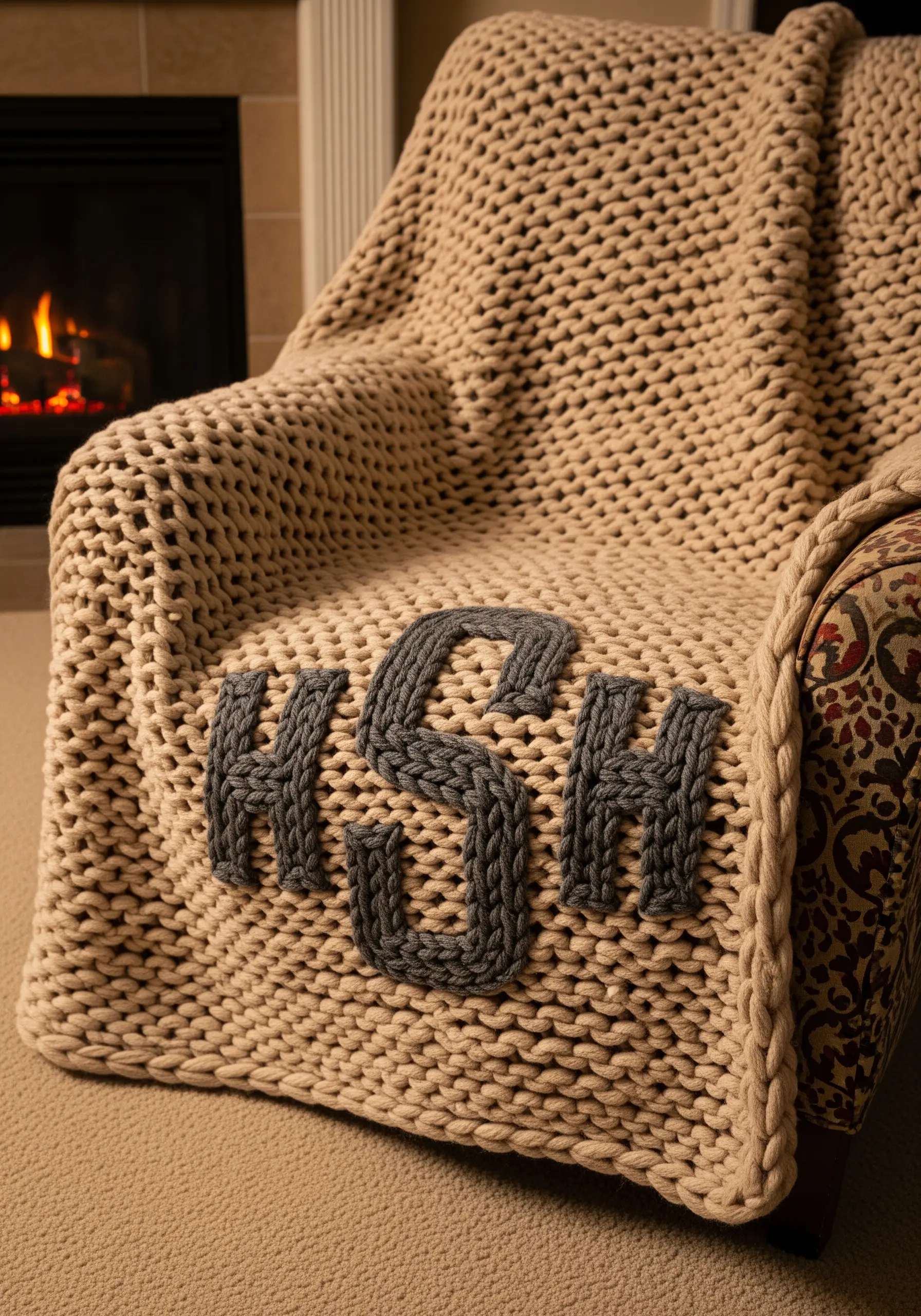 A close-up of a dark grey yarn monogram stitched onto a chunky beige knit blanket.
