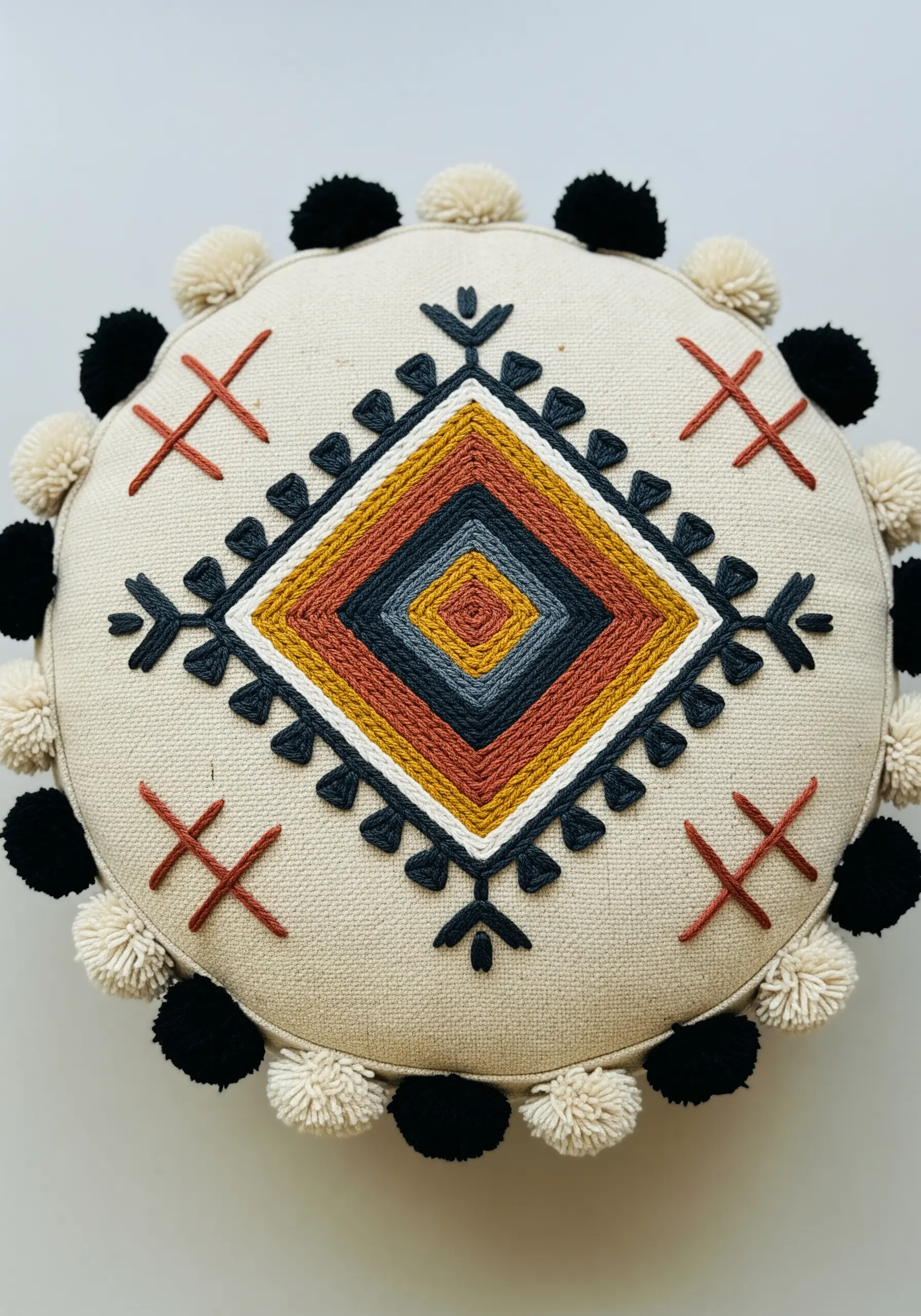 Round cushion with a couched yarn geometric diamond motif inspired by Moroccan design