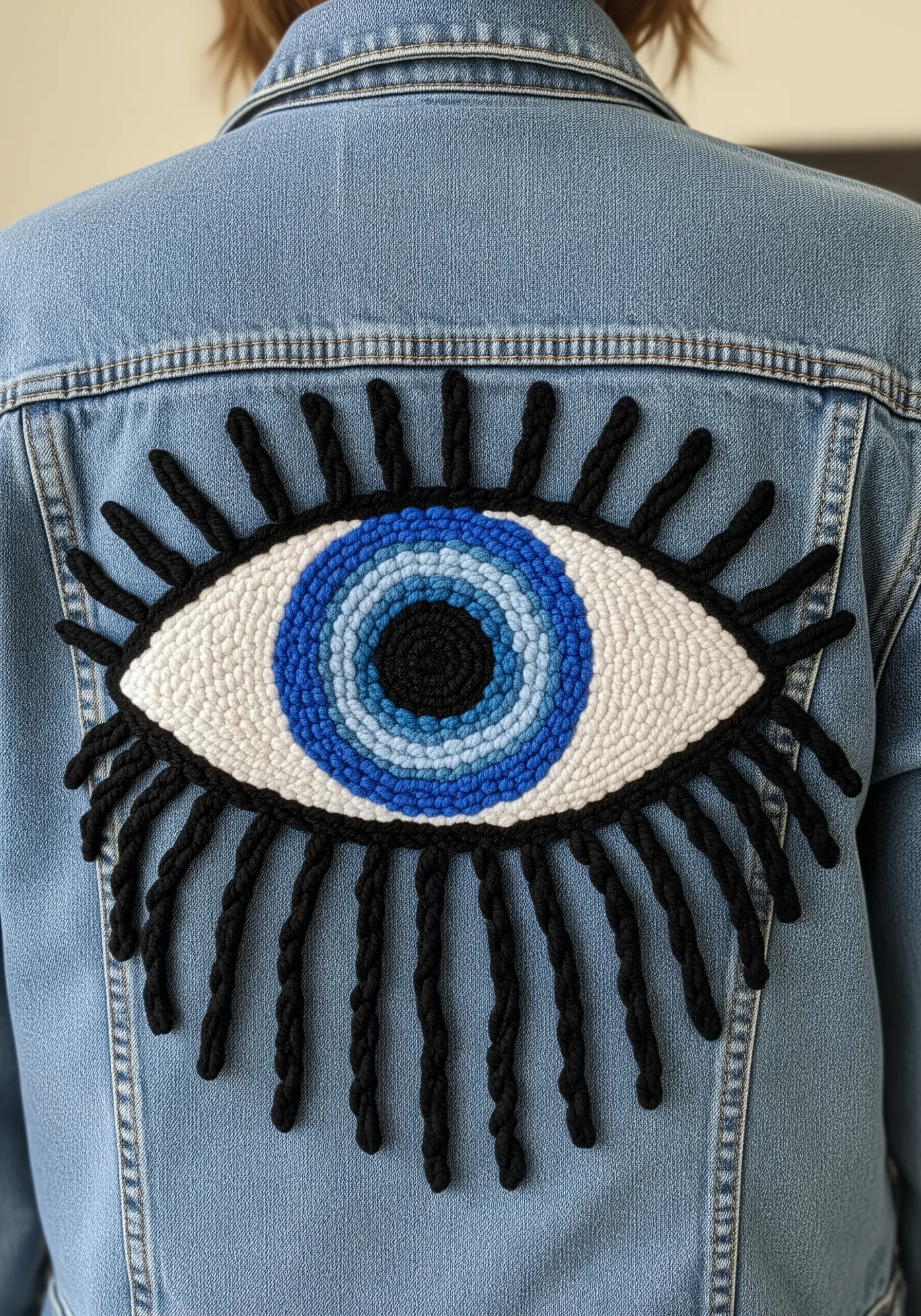 A large punch needle evil eye patch in blue, white, and black on a denim jacket.
