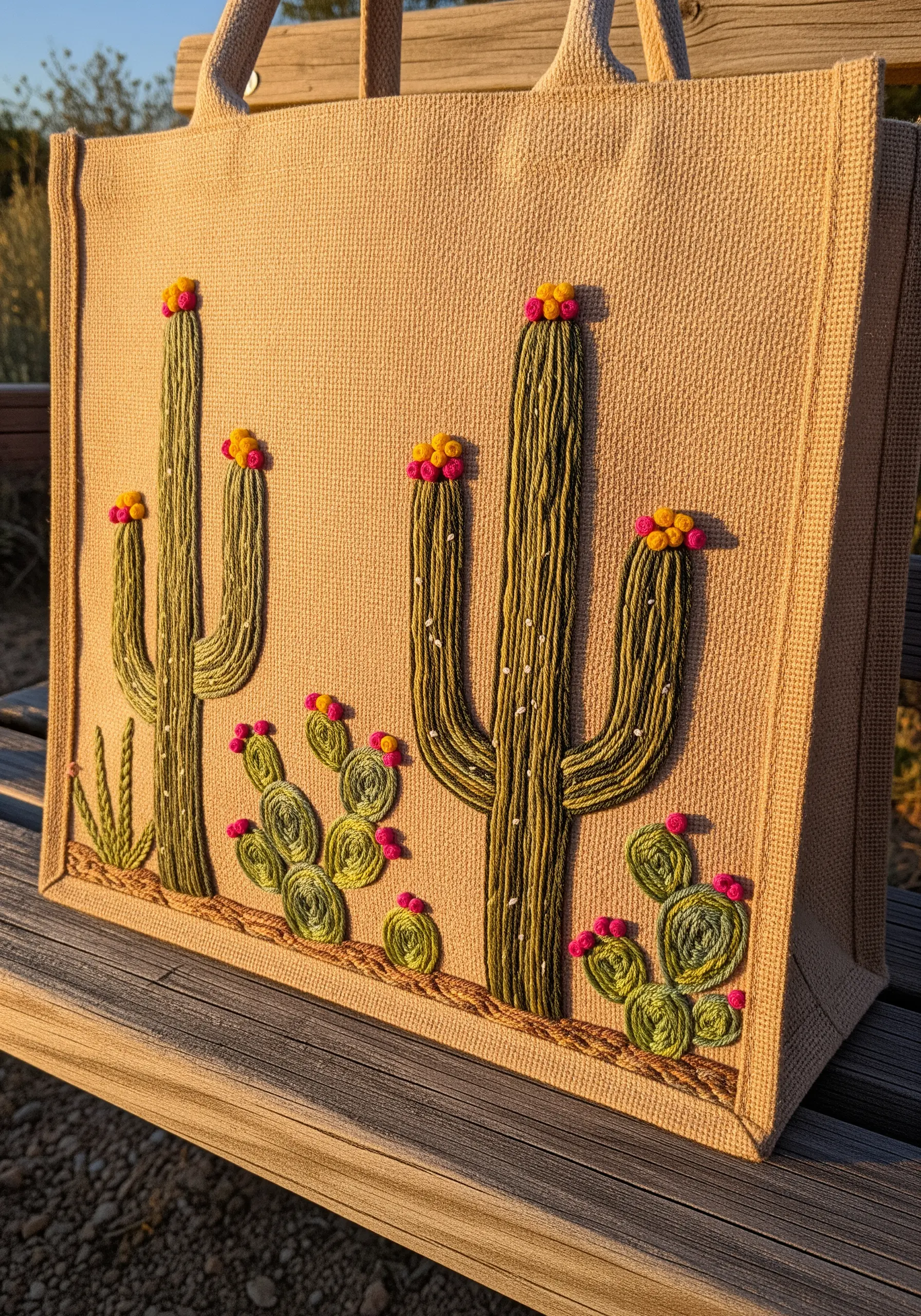 Graphic saguaro and prickly pear cacti embroidered with couched yarn on a burlap tote