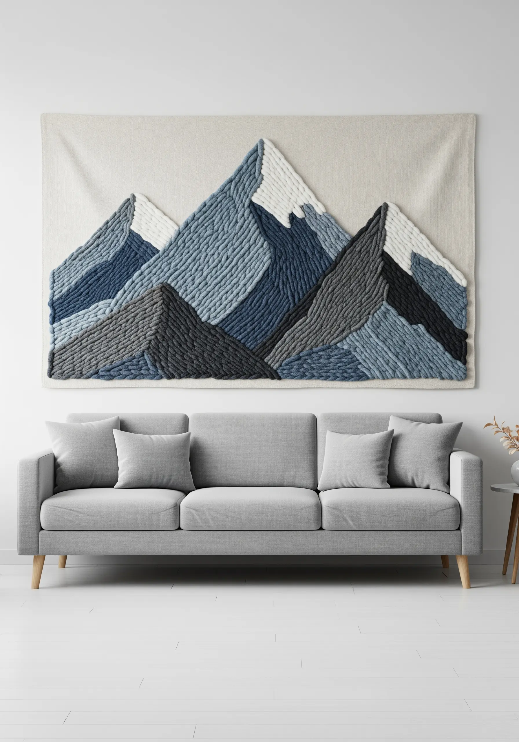 Large woven wall hanging of blue and grey mountain peaks.