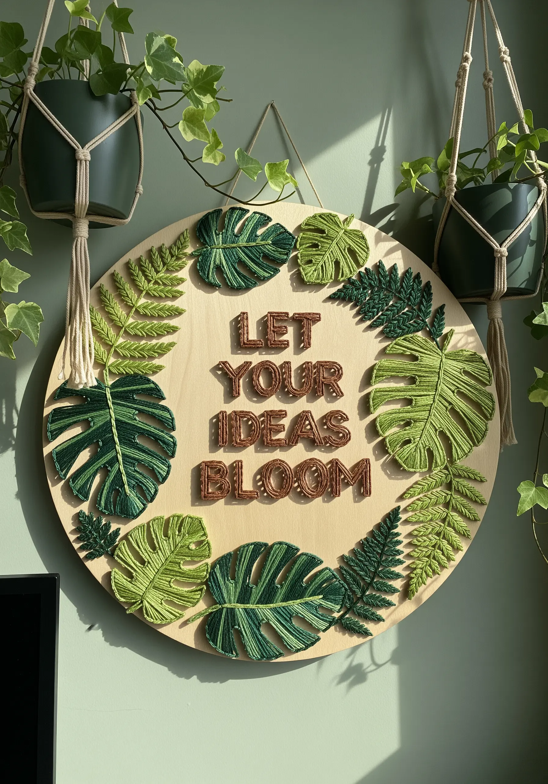 String art leaves in various green shades on a wooden plaque with the quote 'LET YOUR IDEAS BLOOM.'
