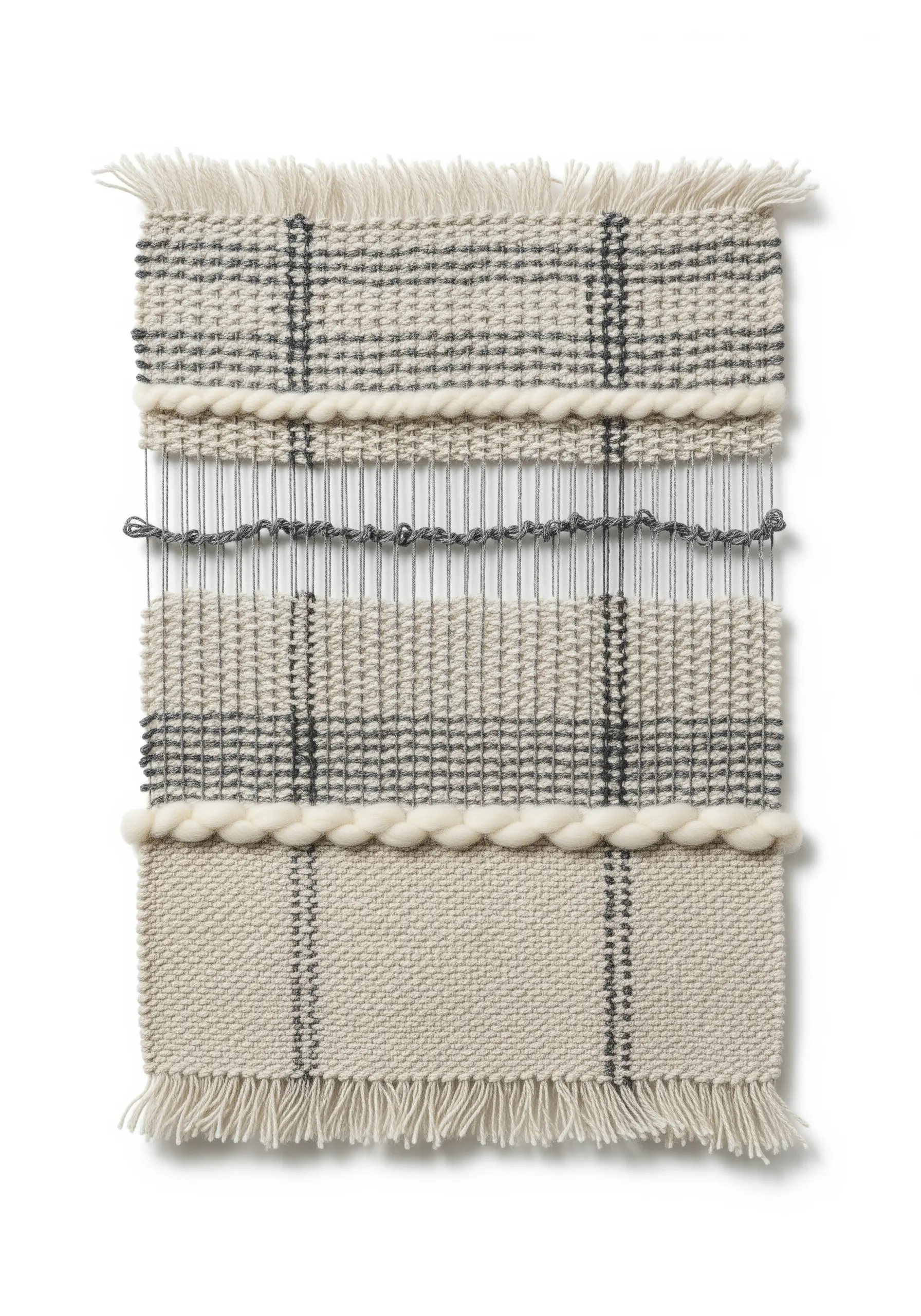 Minimalist woven wall hanging with a neutral plaid pattern and exposed warp threads.