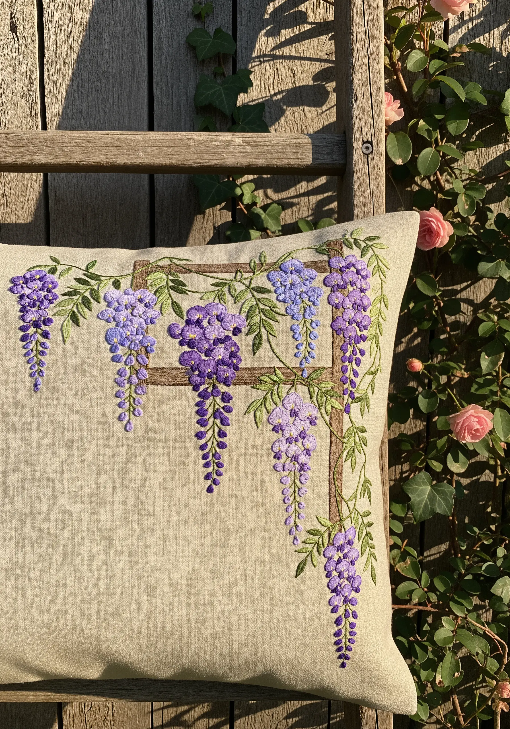 Embroidered wisteria hanging from a trellis in the corner of a pillow.