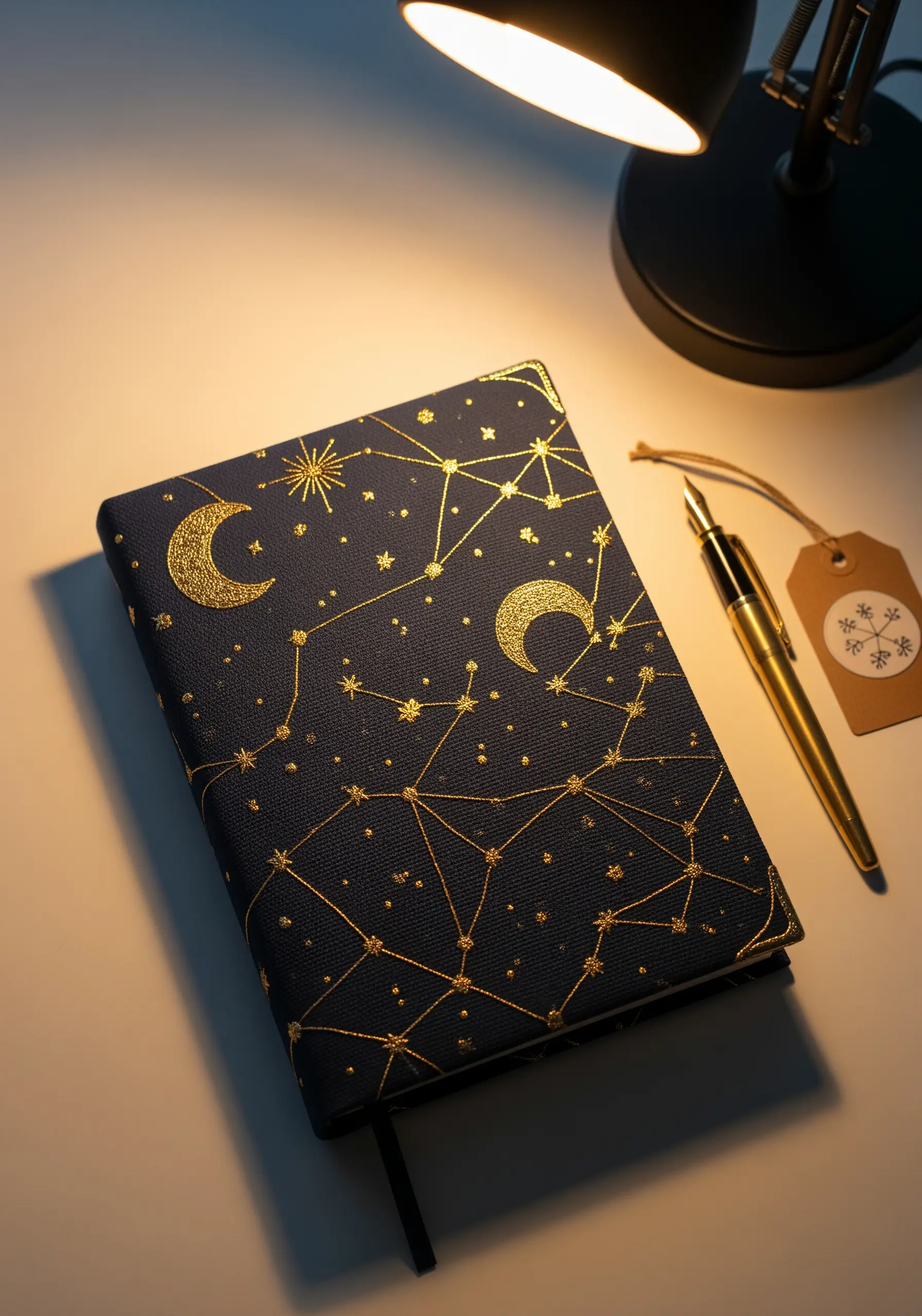 A dark blue fabric journal cover embroidered with gold metallic thread constellations and moons.
