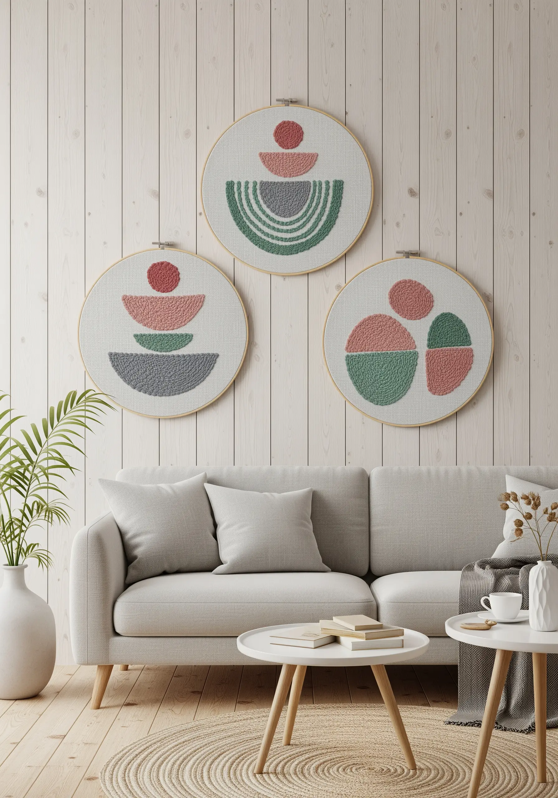 Trio of punch needle hoops with abstract pink, green, and gray shapes on a wall.