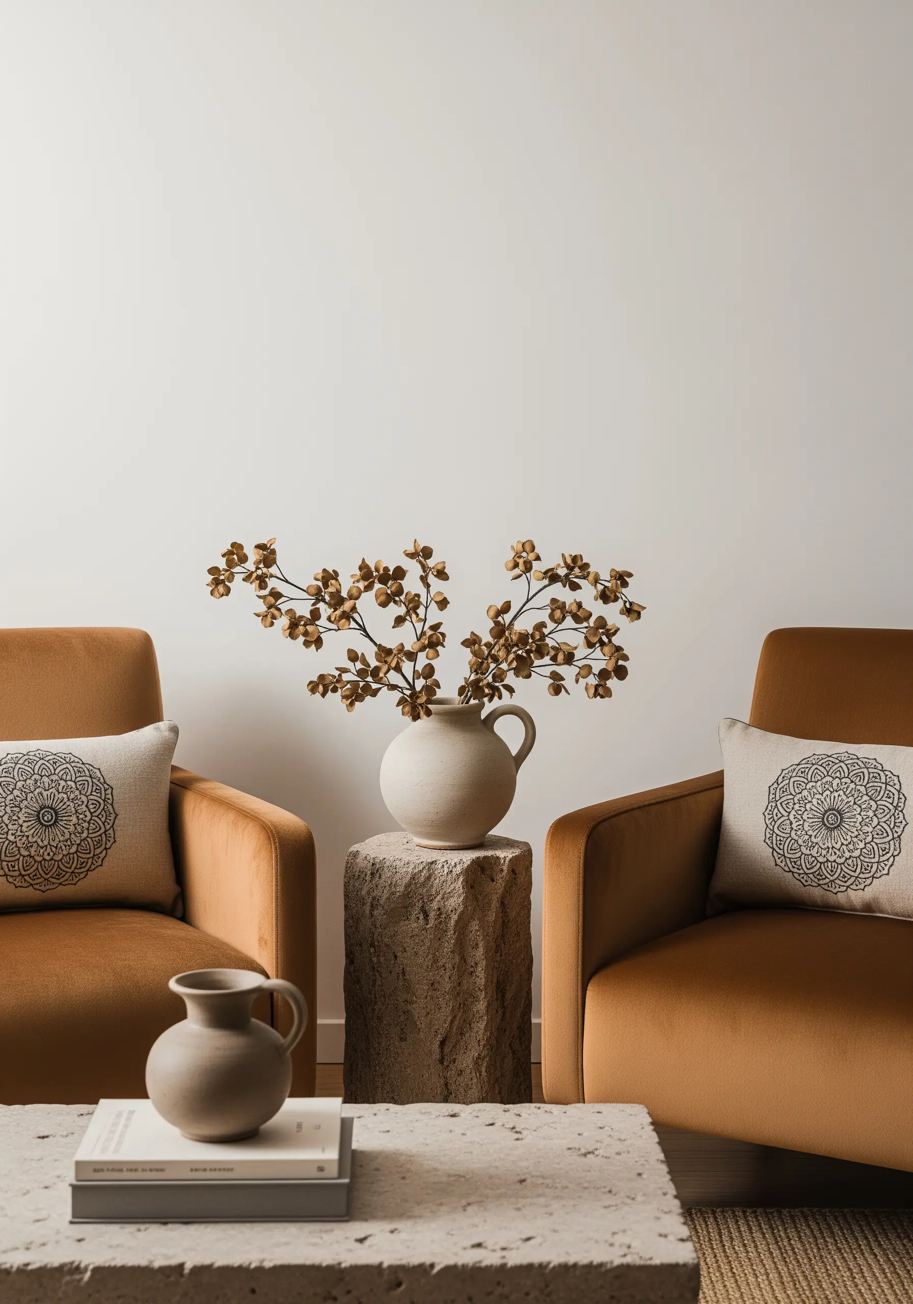 Two rectangular lumbar pillows on a couch, each featuring a row of small, identical mandalas.