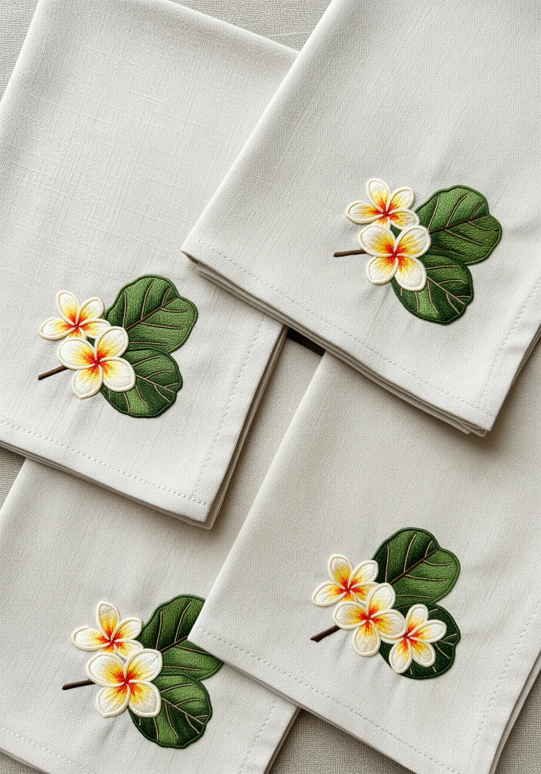 A set of four folded napkins, each embroidered with a small sprig of plumeria flowers.