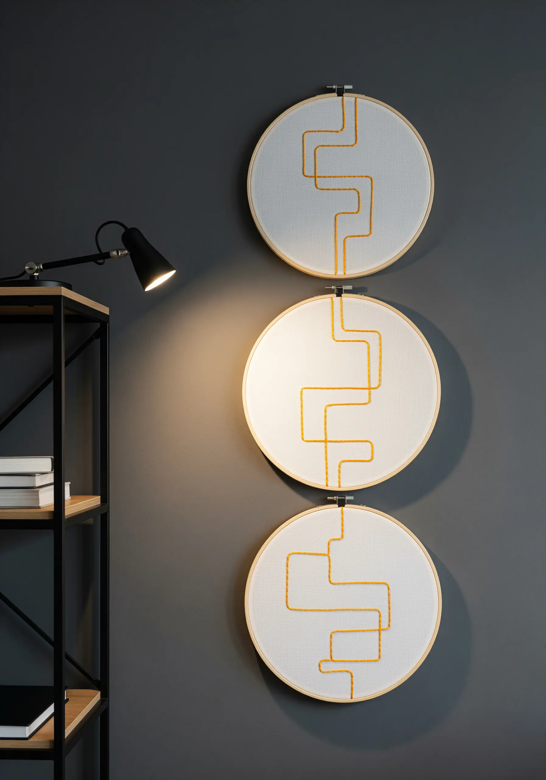 Three vertically stacked embroidery hoops with a single continuous golden-yellow line.