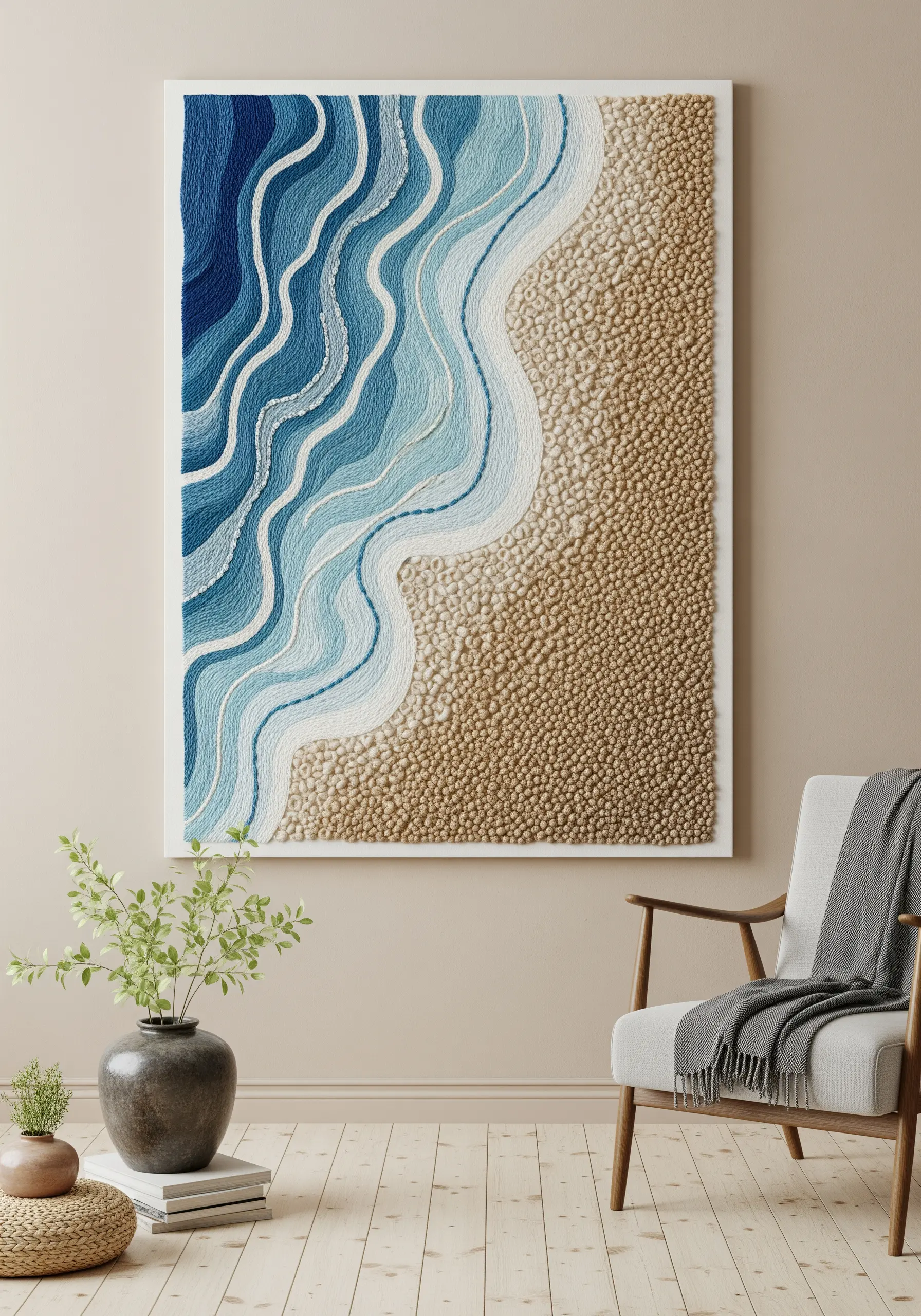 Large framed embroidery of an aerial beach scene, with textural sand and smooth blue water.