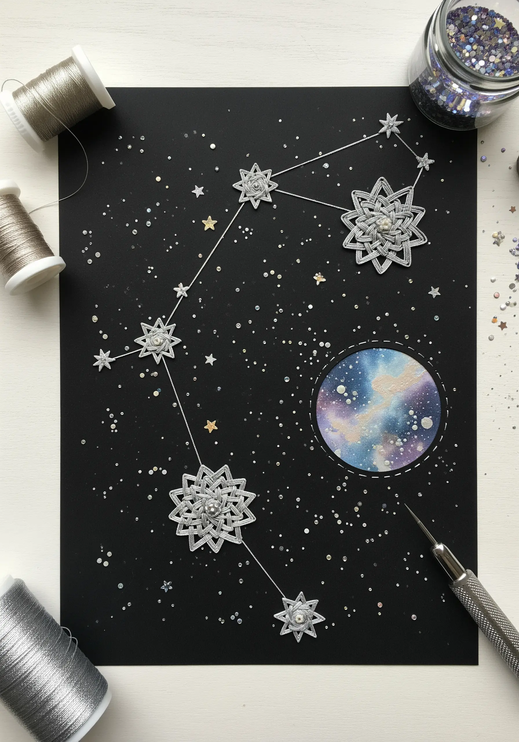 String art constellations made with silver thread on black paper with a painted nebula.