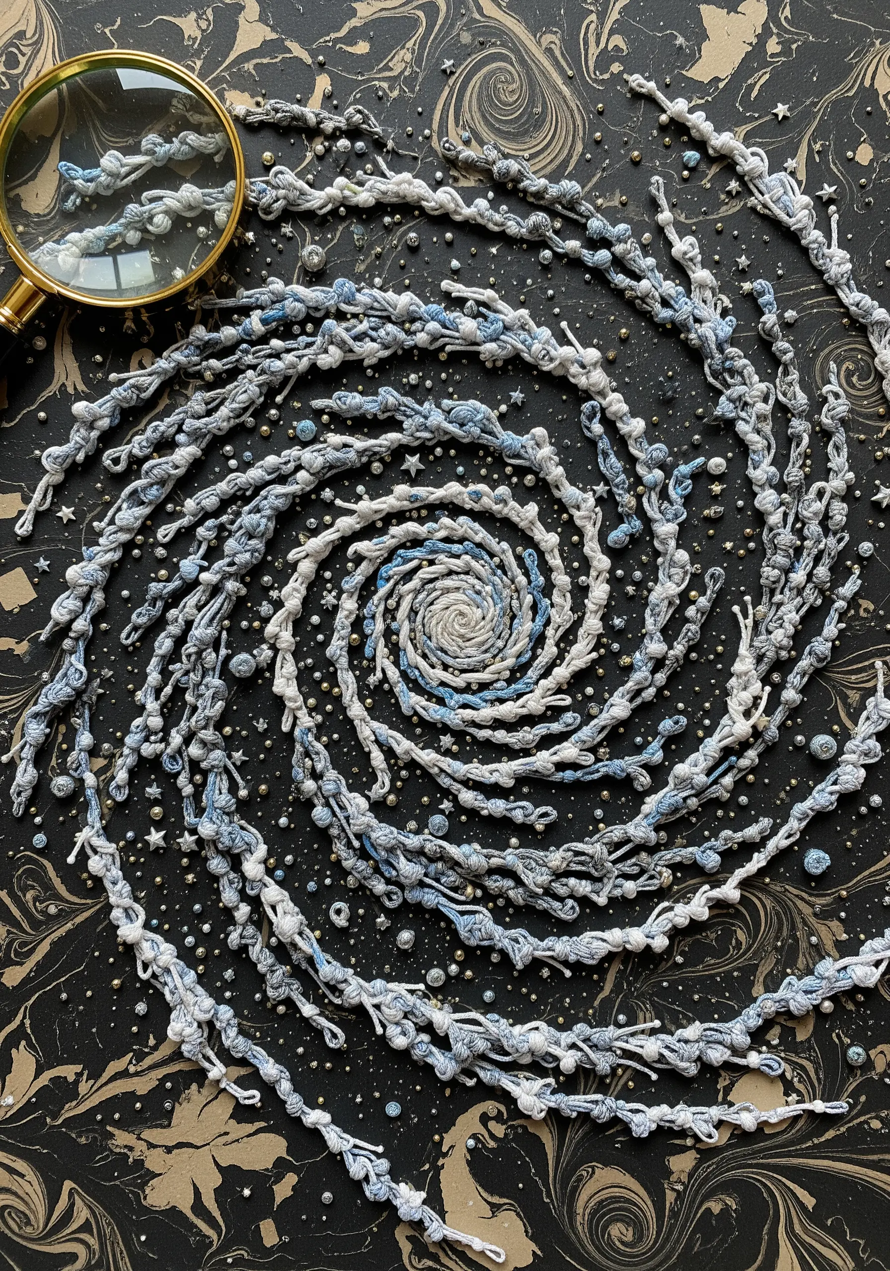 A spiral galaxy made of twisted and knotted white and blue threads on a black and gold marbled paper.