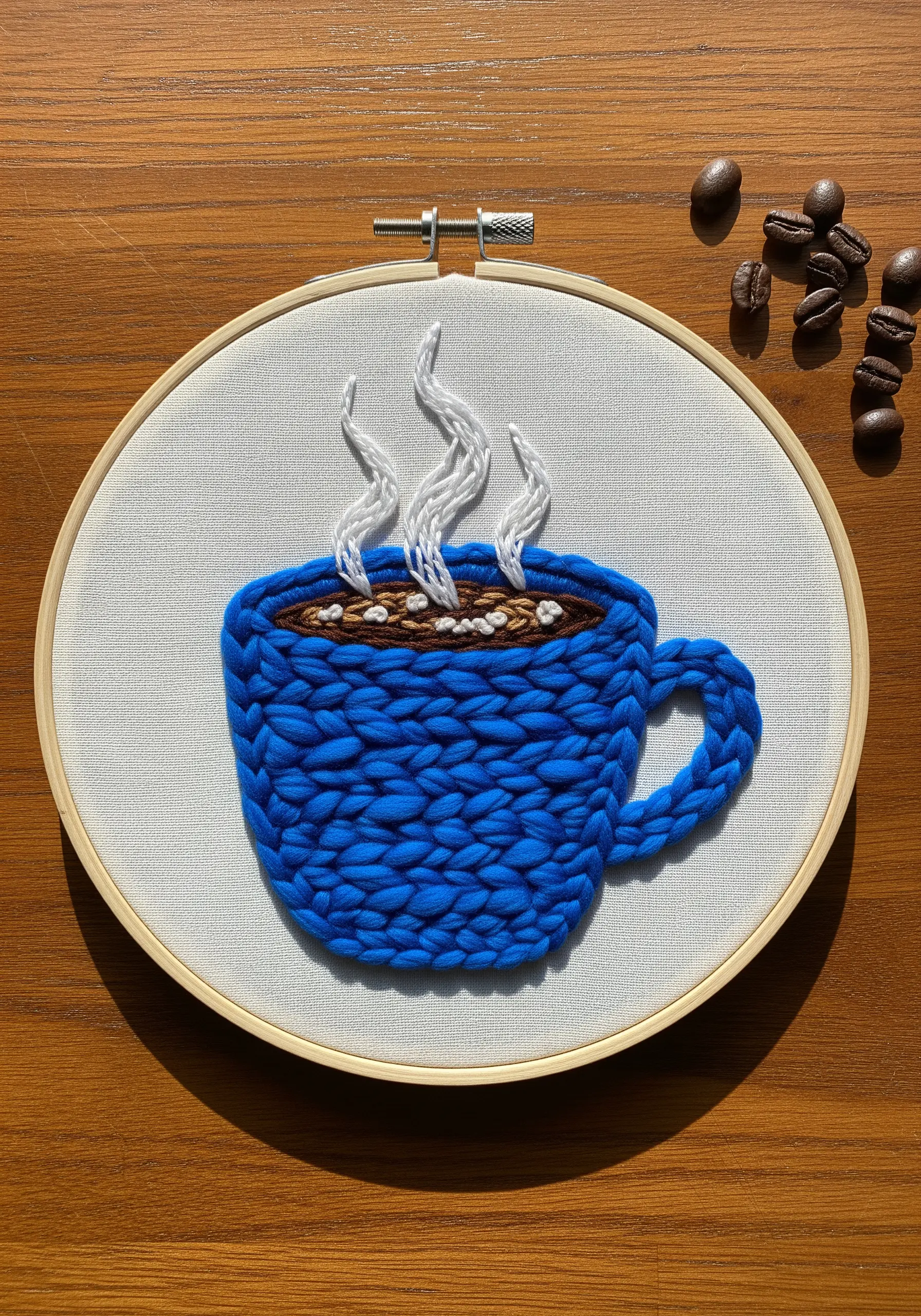 A blue coffee mug embroidered with thick yarn to look like a knitted sweater.