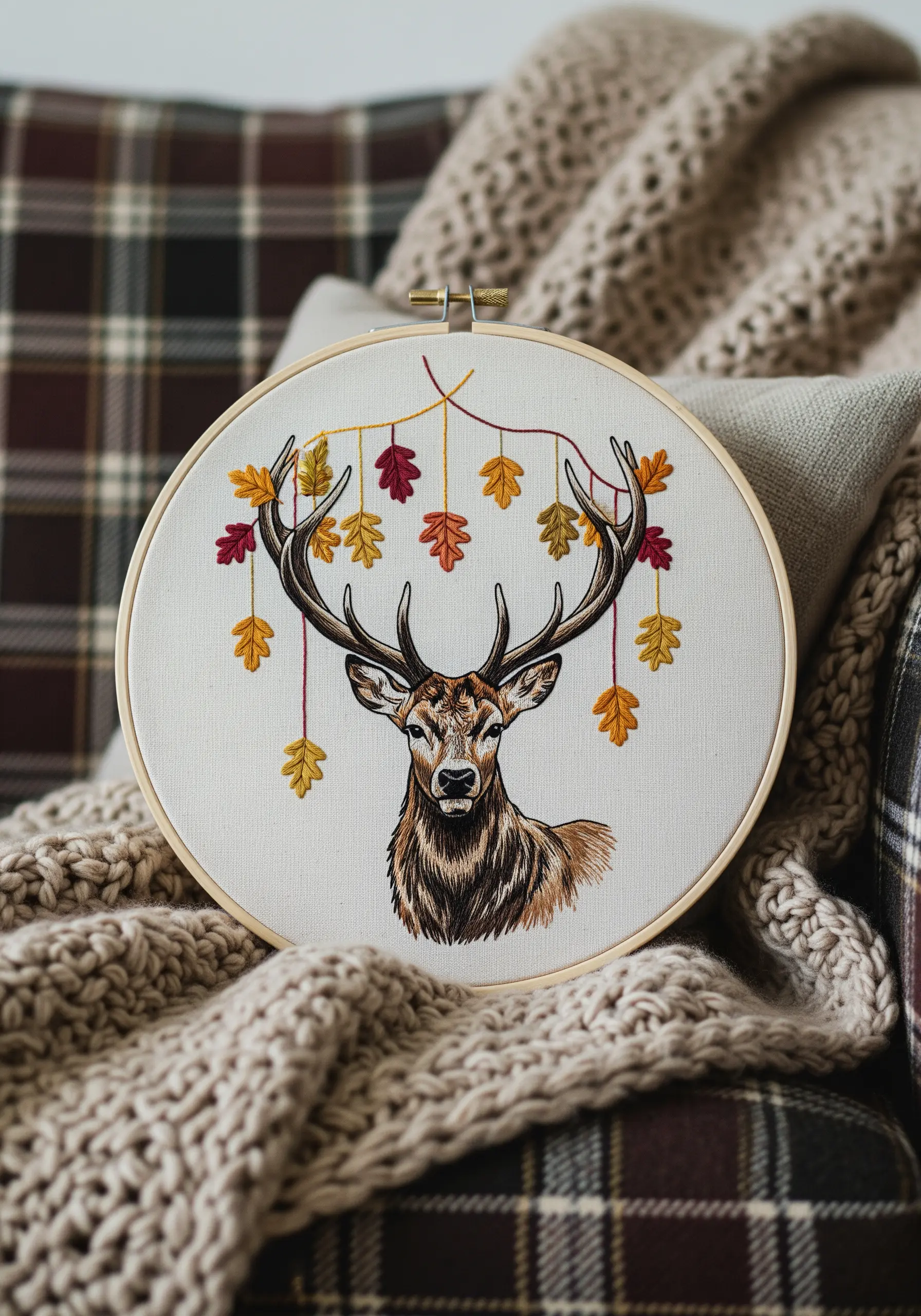 Thread-painted deer with autumn leaves hanging from its antlers