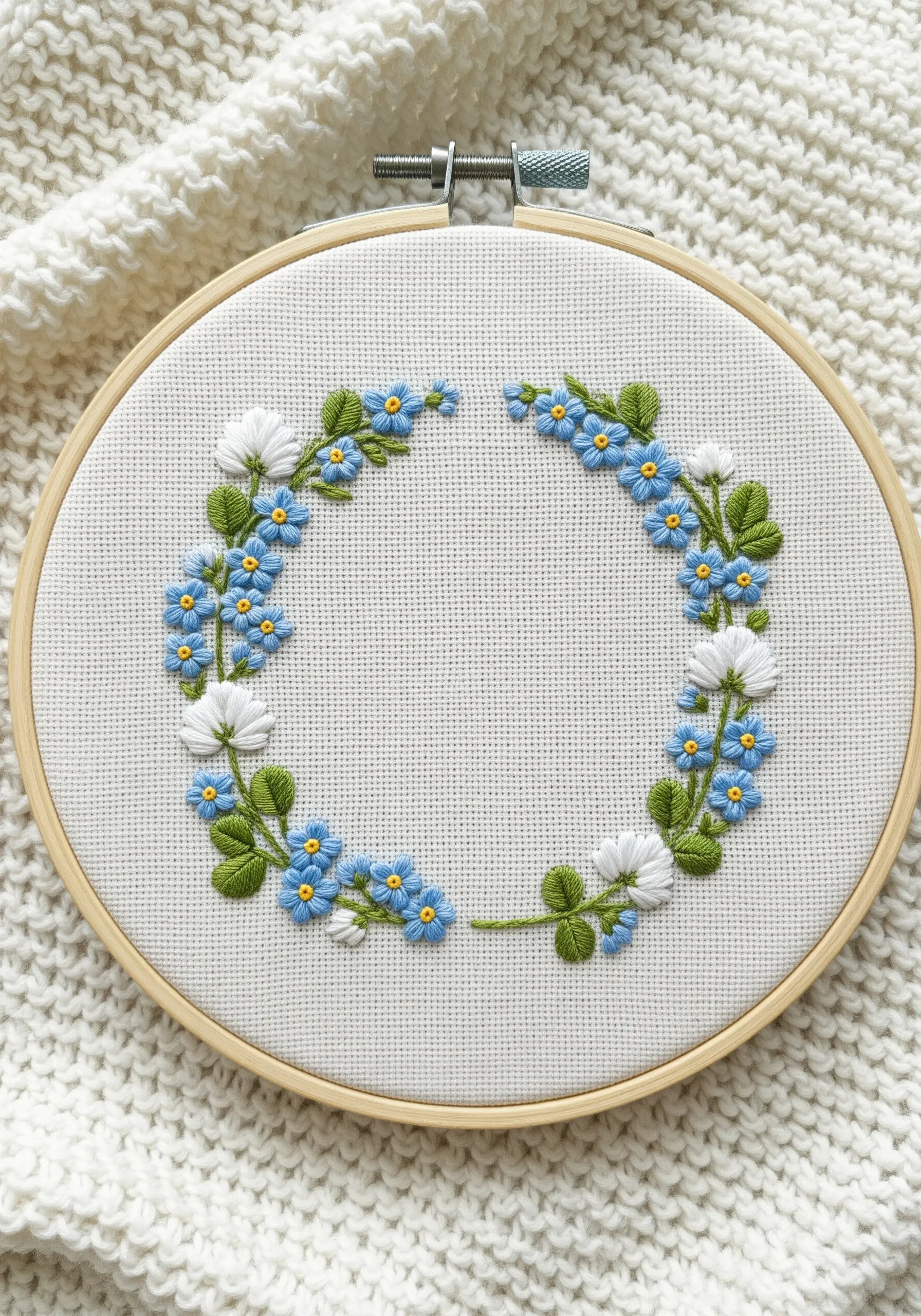 A delicate floral wreath with blue forget-me-nots embroidered on white Aida cloth.
