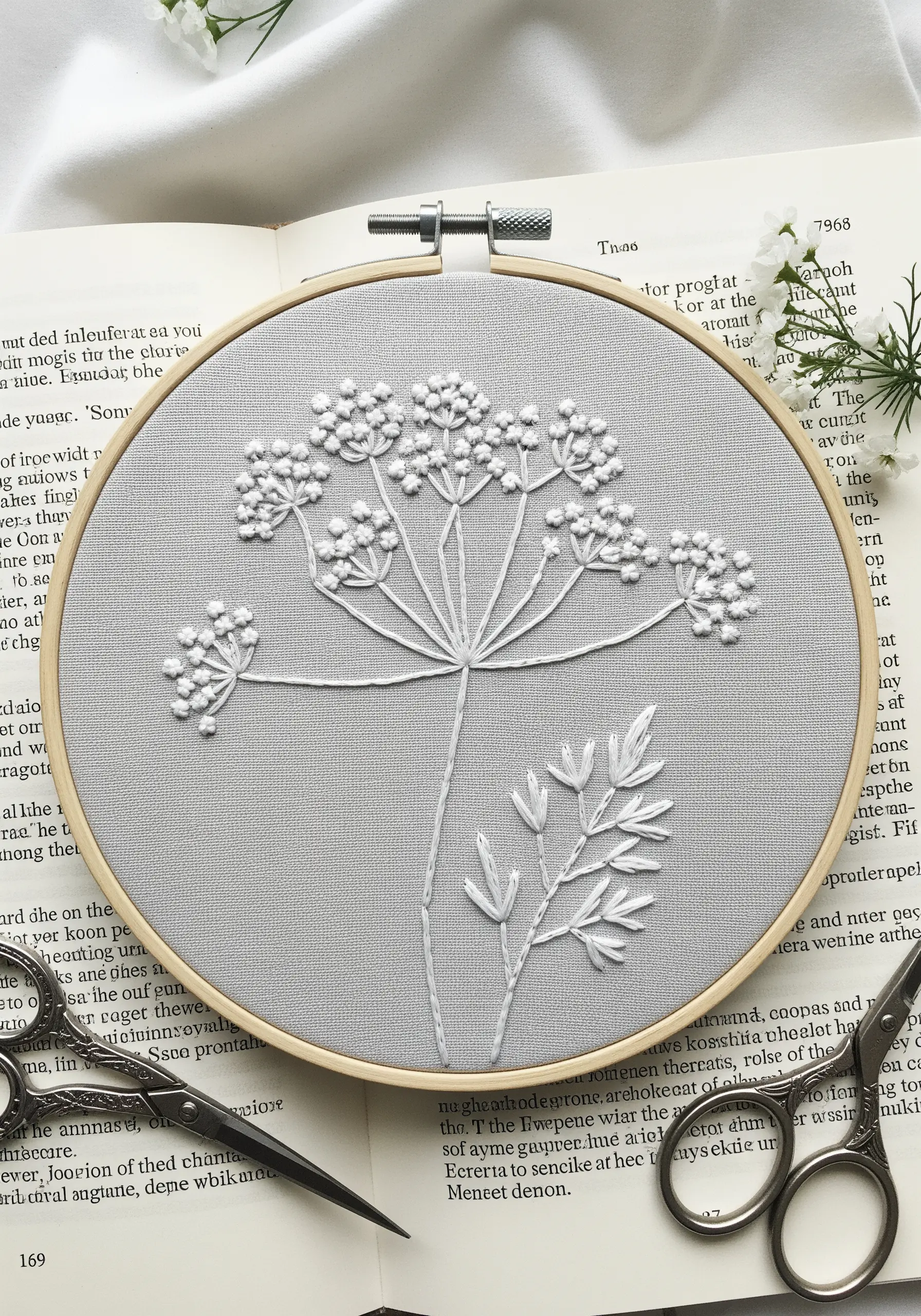 Delicate Queen Anne's Lace embroidery with white French knots on grey fabric.
