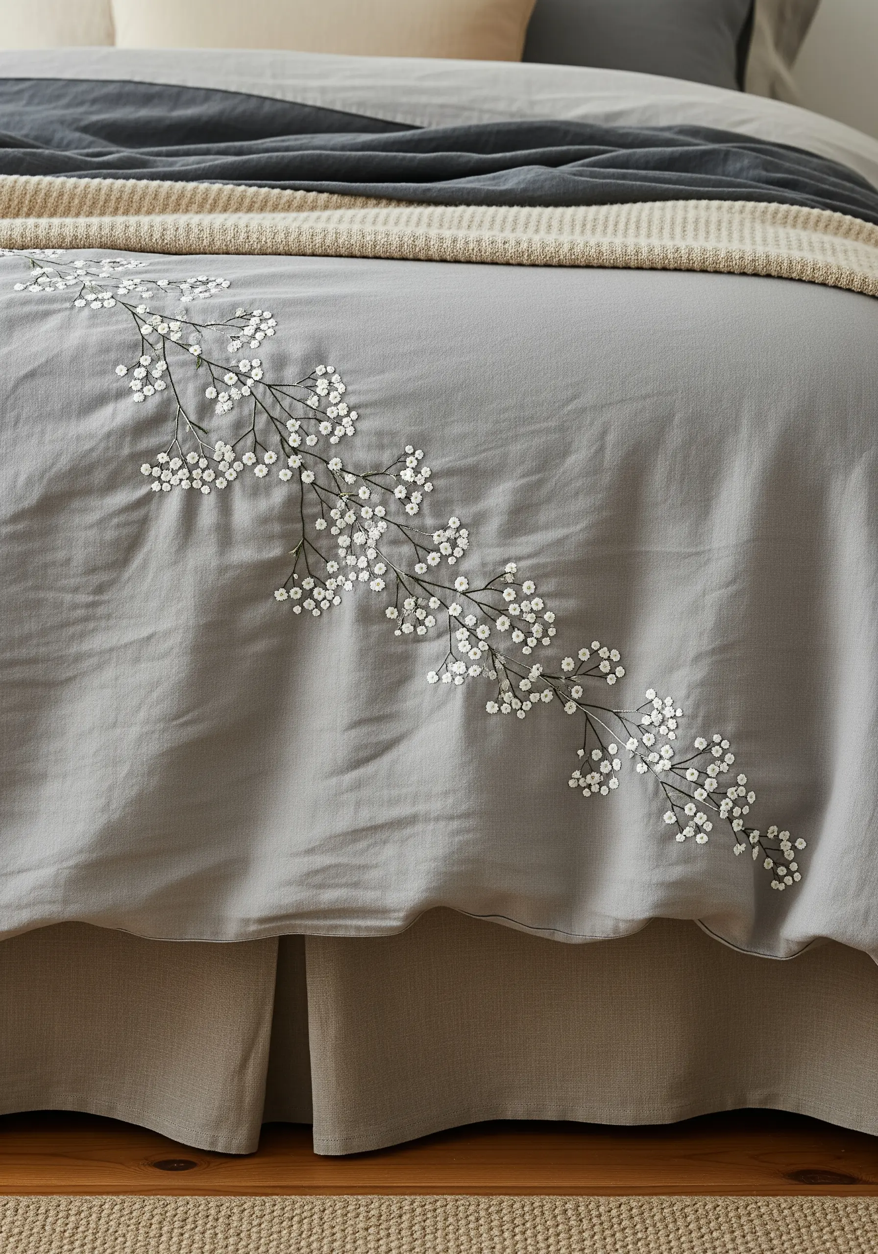 Delicate branches of baby's breath embroidered with French knots on a grey duvet cover.