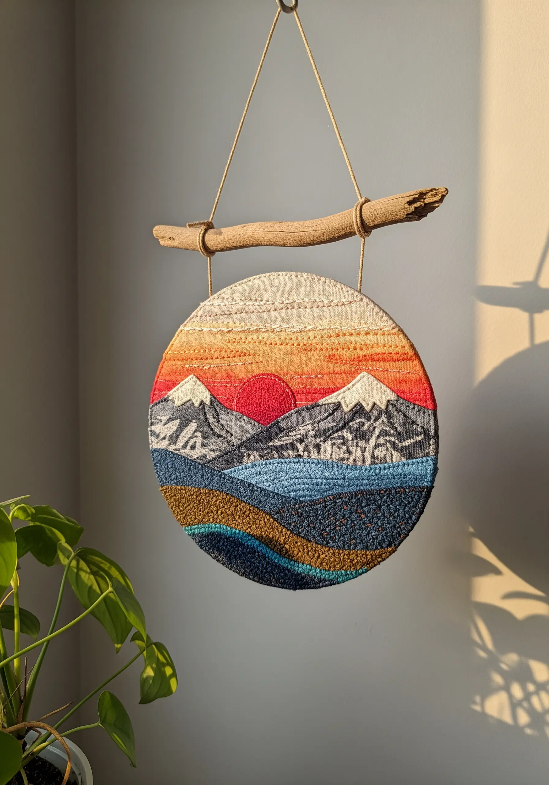 A round, highly textured embroidered wall hanging depicting a mountain landscape at sunset.
