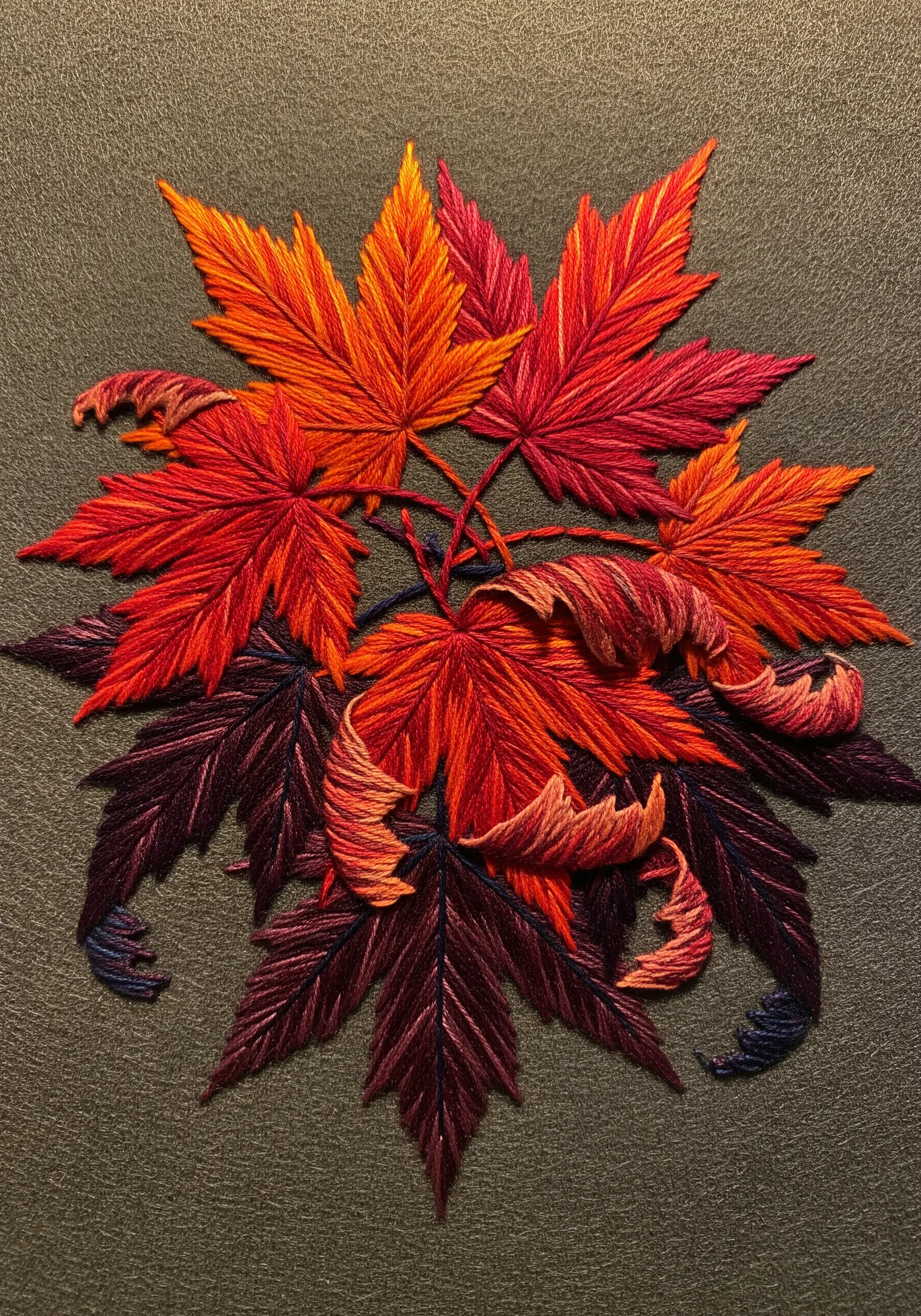 A dense cluster of embroidered autumn leaves in reds, oranges, and deep purples.