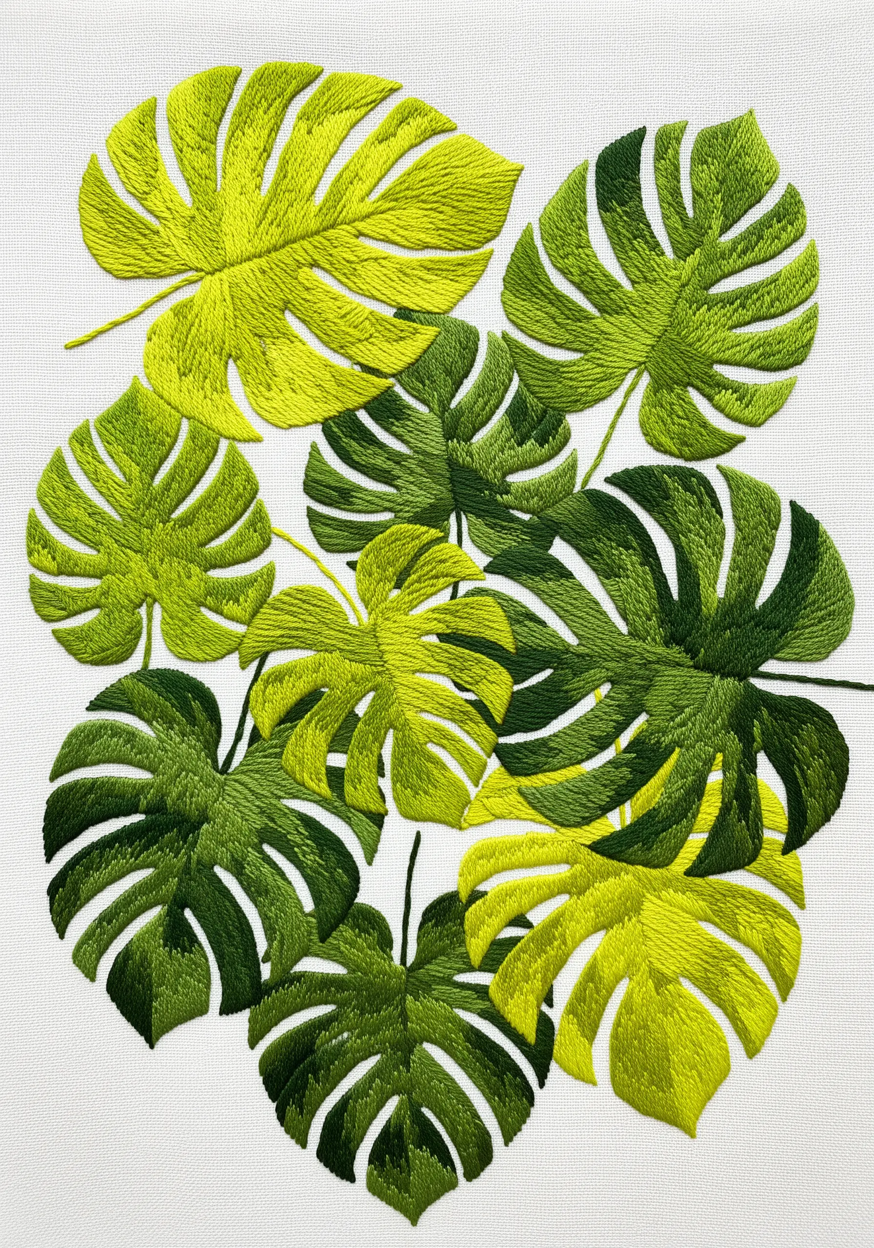 A dense collage of Monstera leaves in various shades of green, layered over each other.
