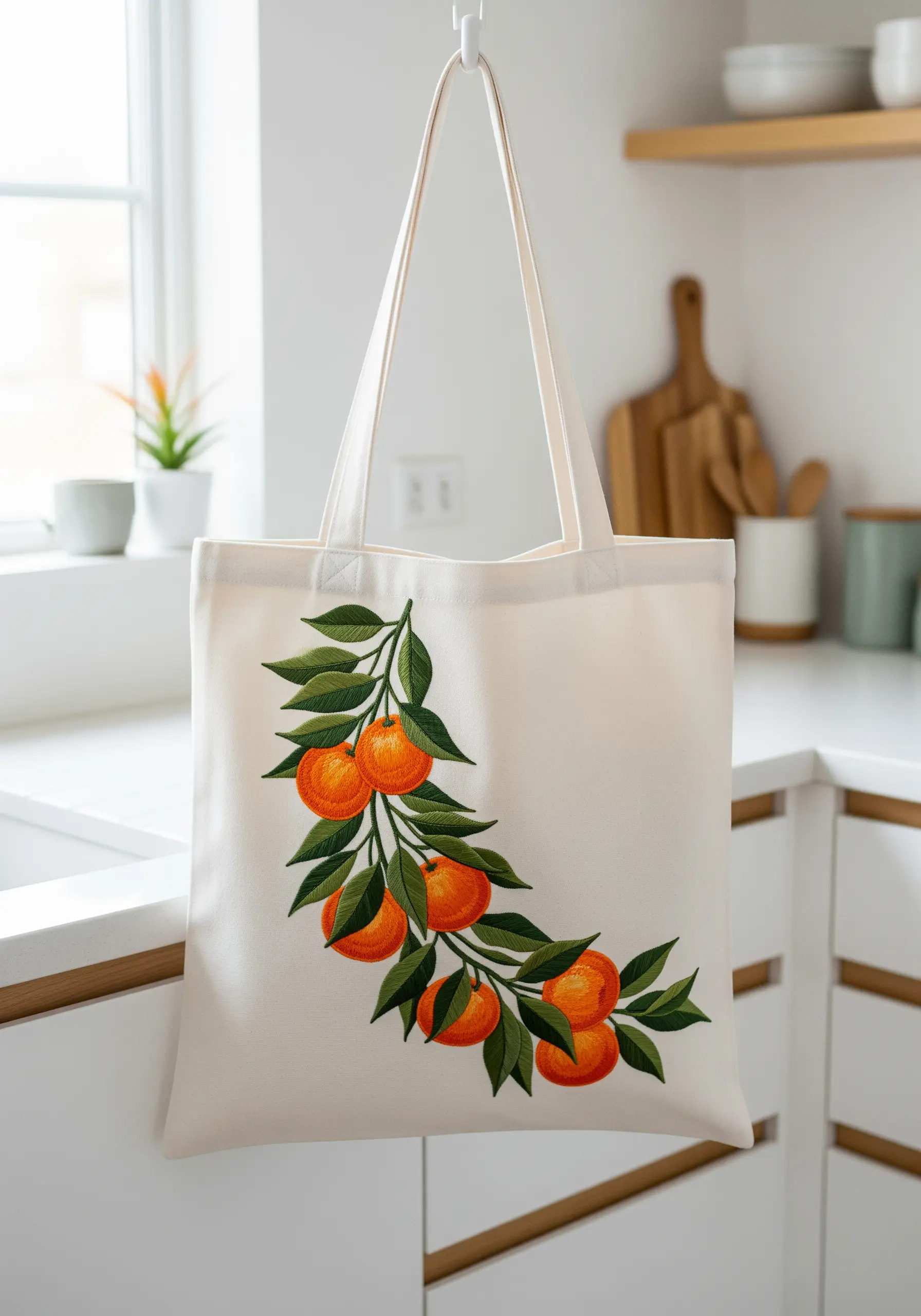 A branch of embroidered oranges with dark green leaves on a white tote bag
