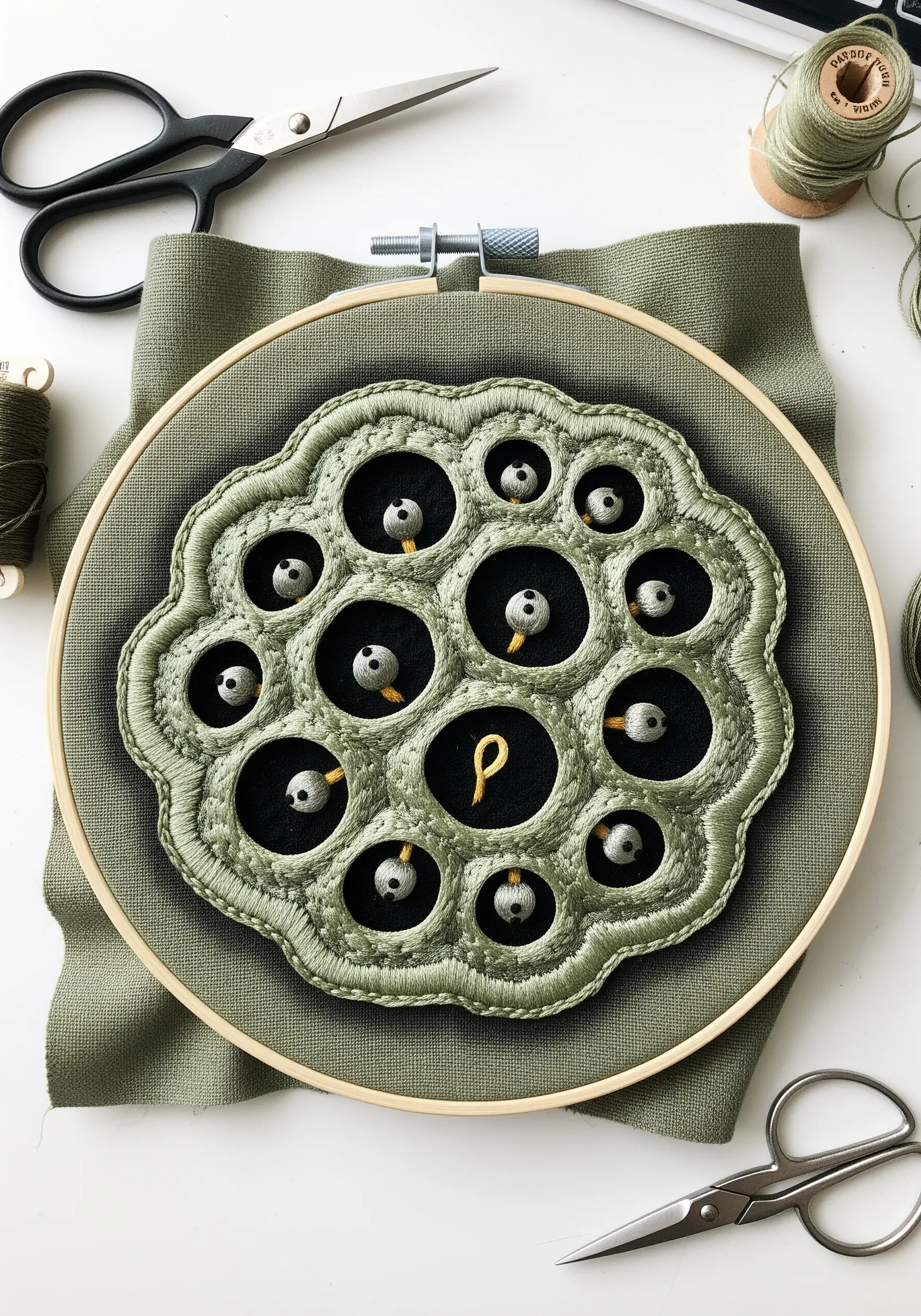 An embroidered lotus seed pod with cut-out holes showing a black background.