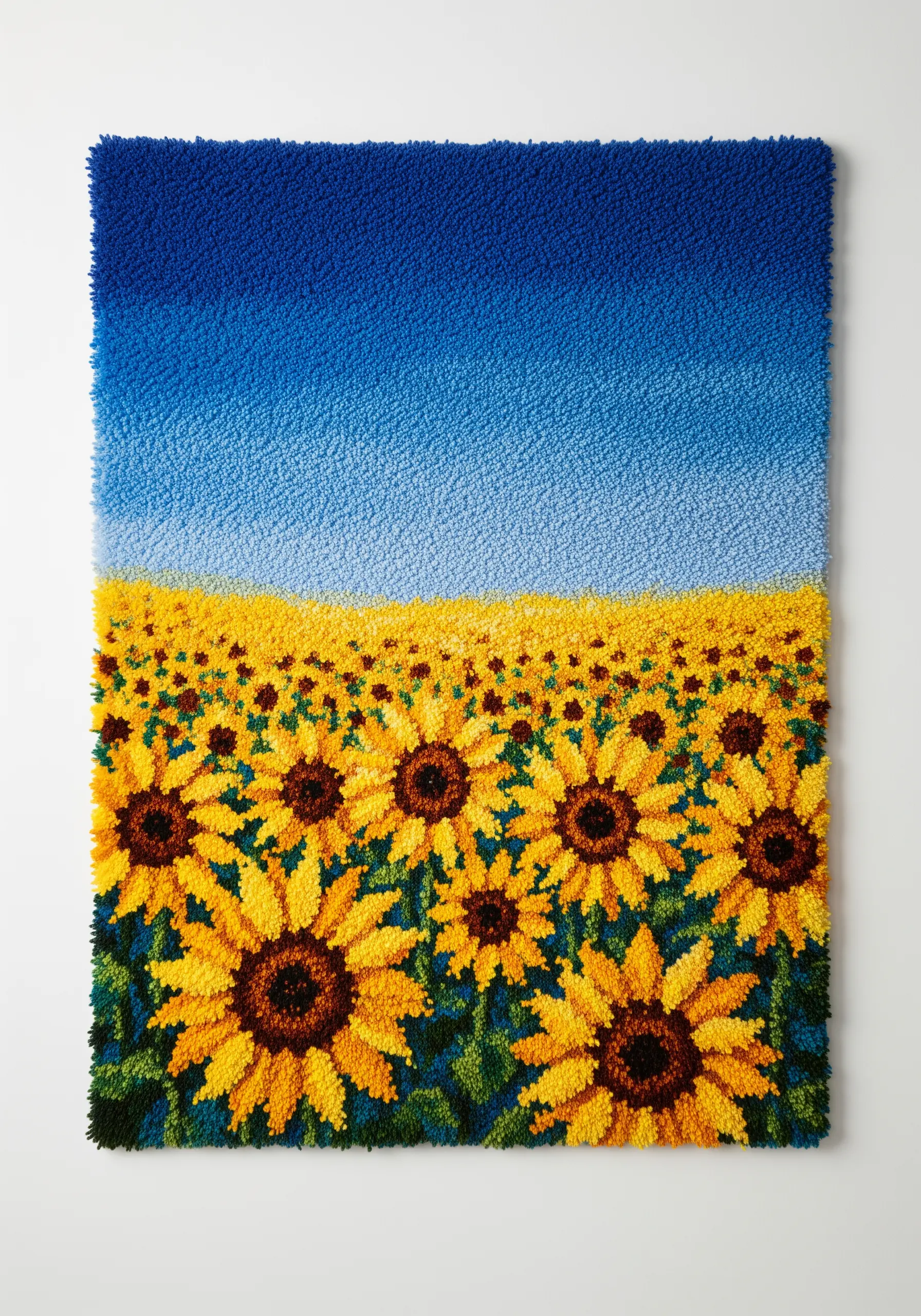Large punch needle wall art of a vibrant sunflower field under a blue sky.