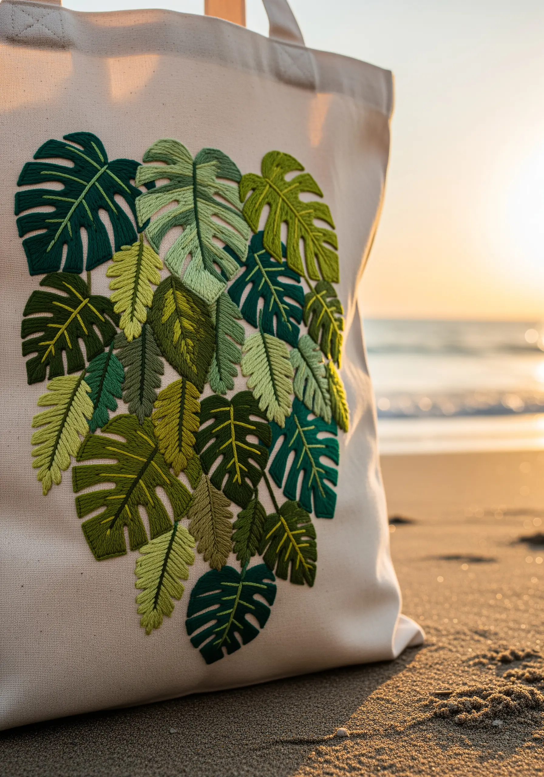 A cluster of Monstera leaves in various shades of green embroidered on a canvas tote bag.